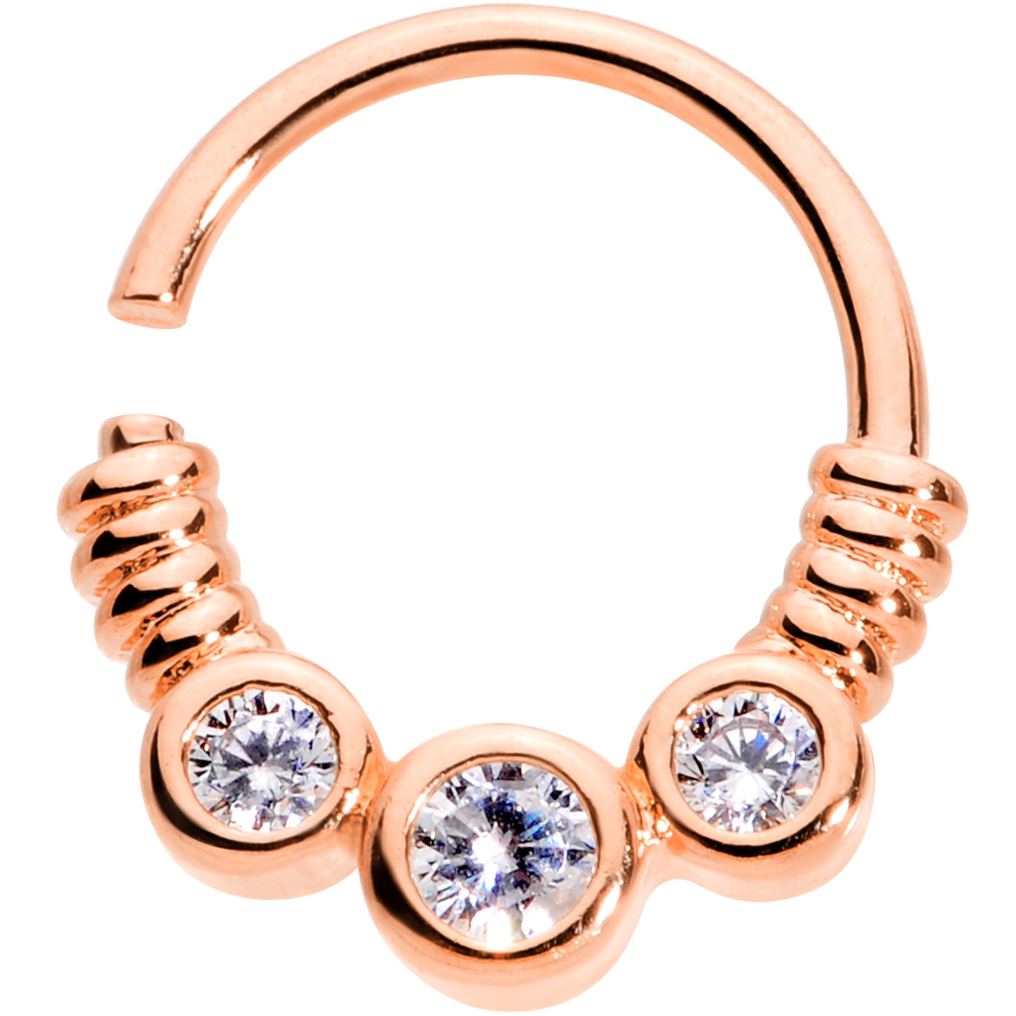 16G 3/8 Clear CZ Gem Trio Rose Gold Tone Coils Closure Ring