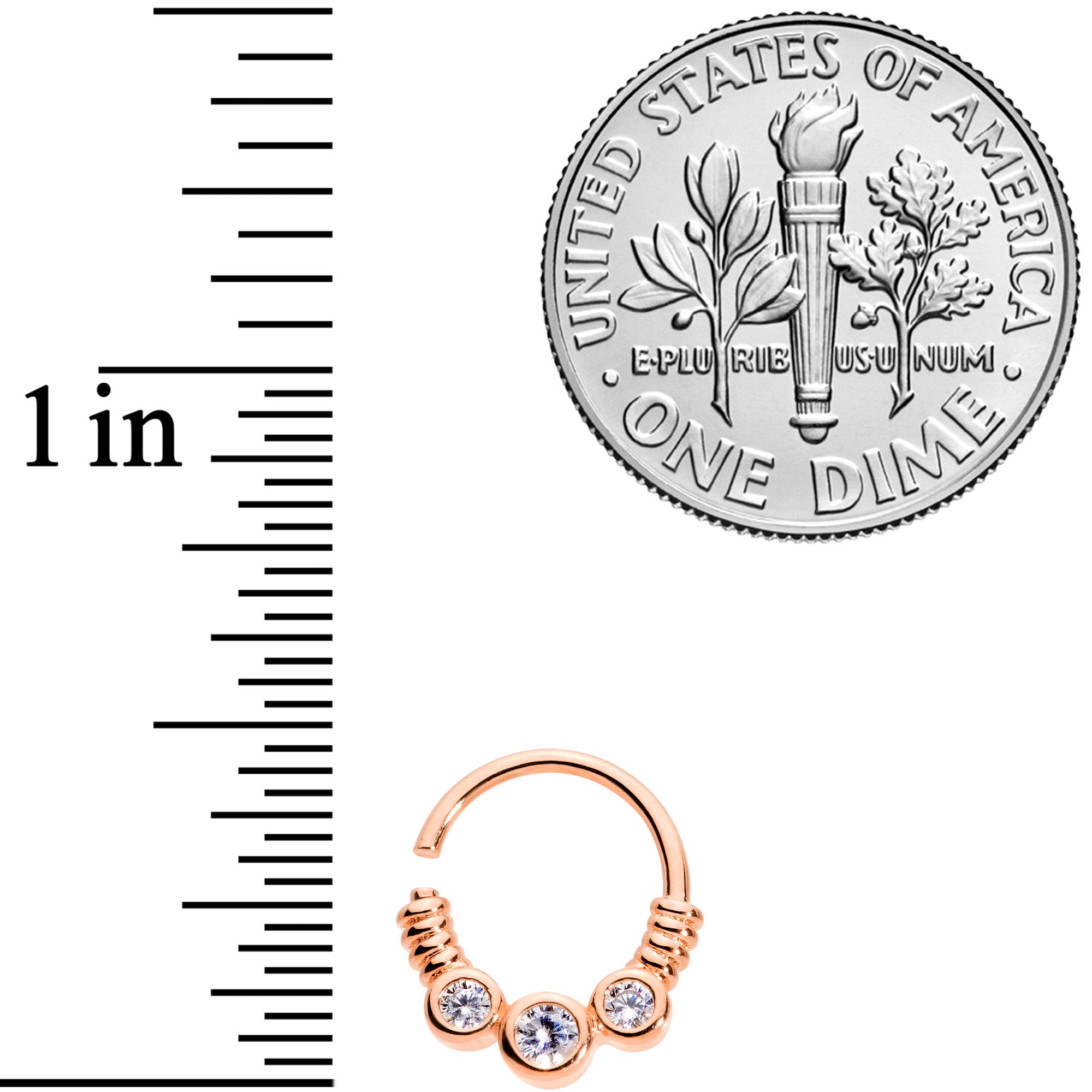 16G 3/8 Clear CZ Gem Trio Rose Gold Tone Coils Closure Ring