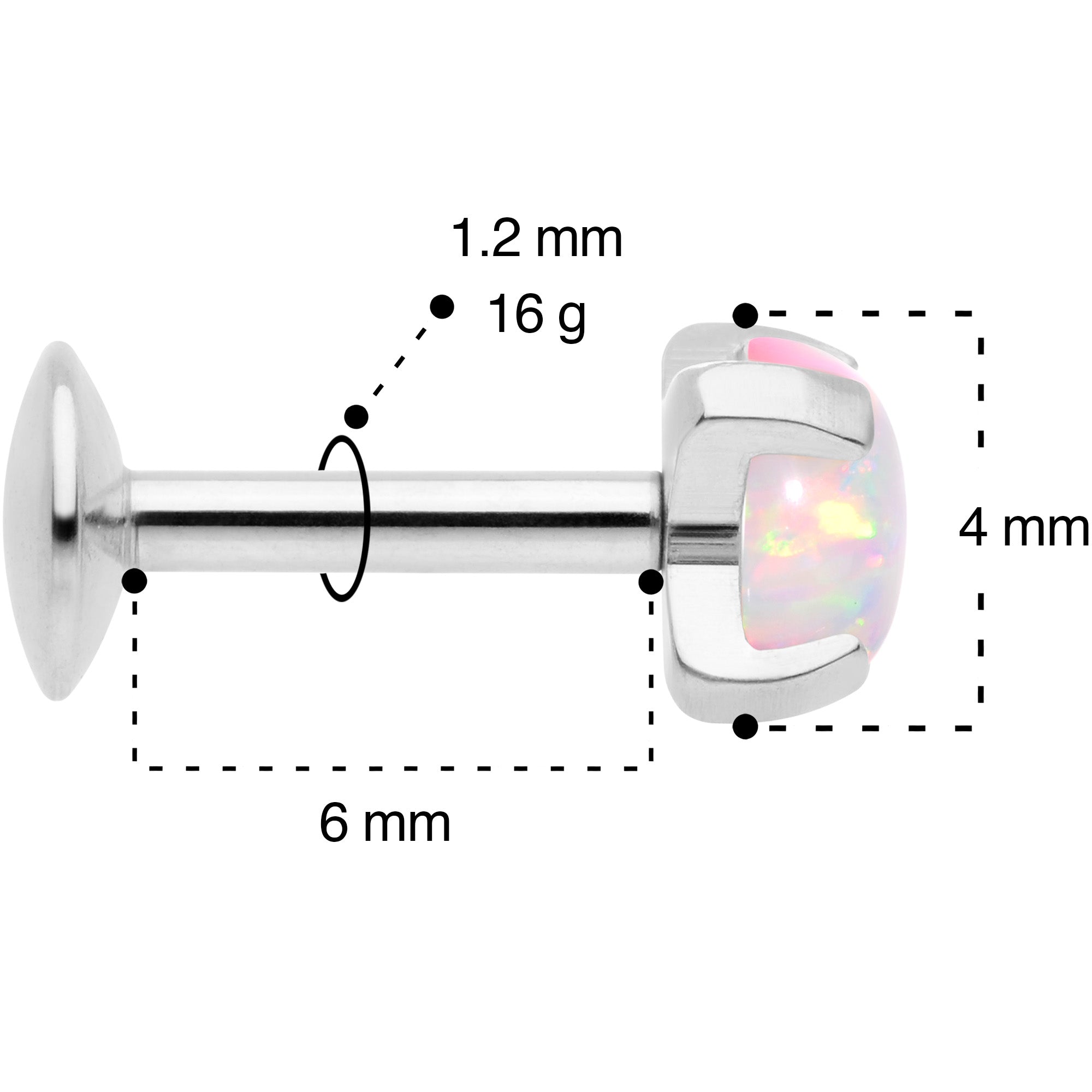 16G 1/4 4mm White Syn Opal G23 Titanium Internal Thread Labret