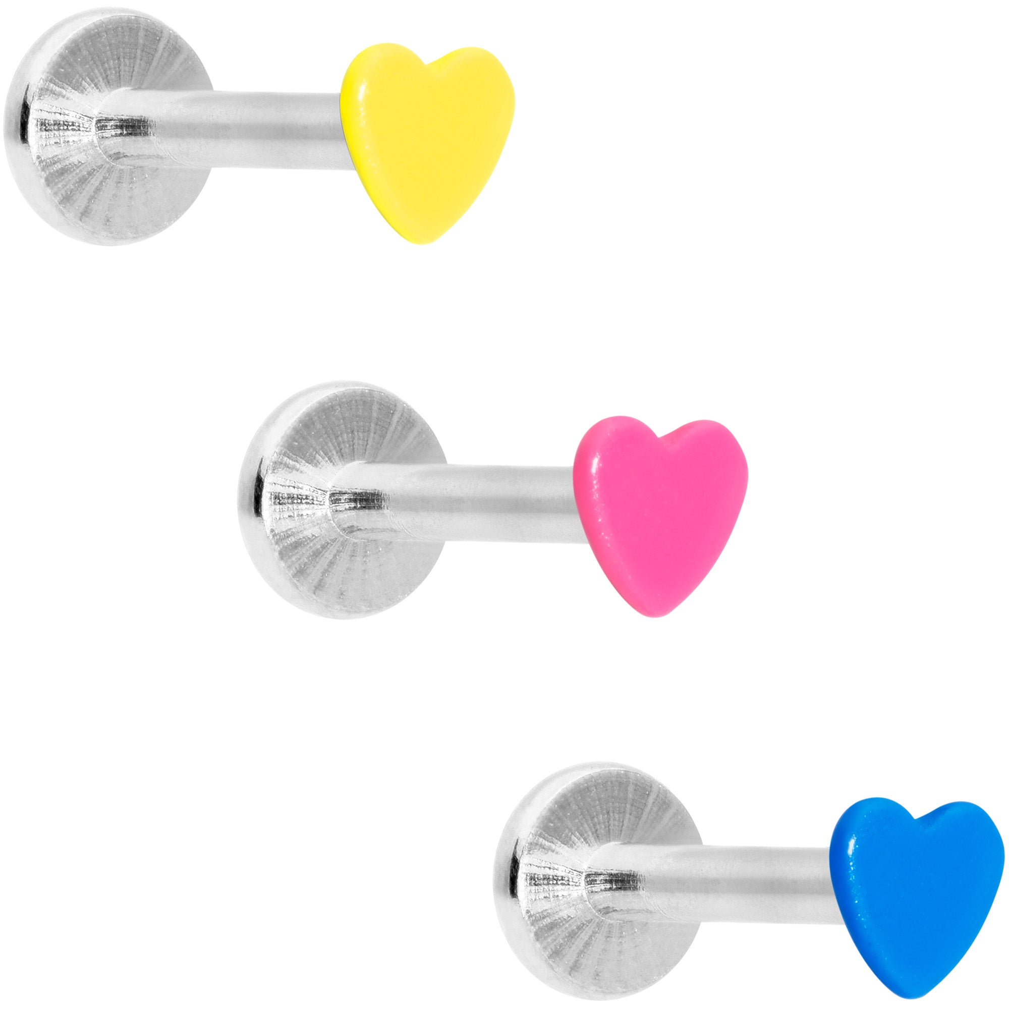 16G 5/16 Blue Pink Yellow Glow Heart Labret Set of 3
