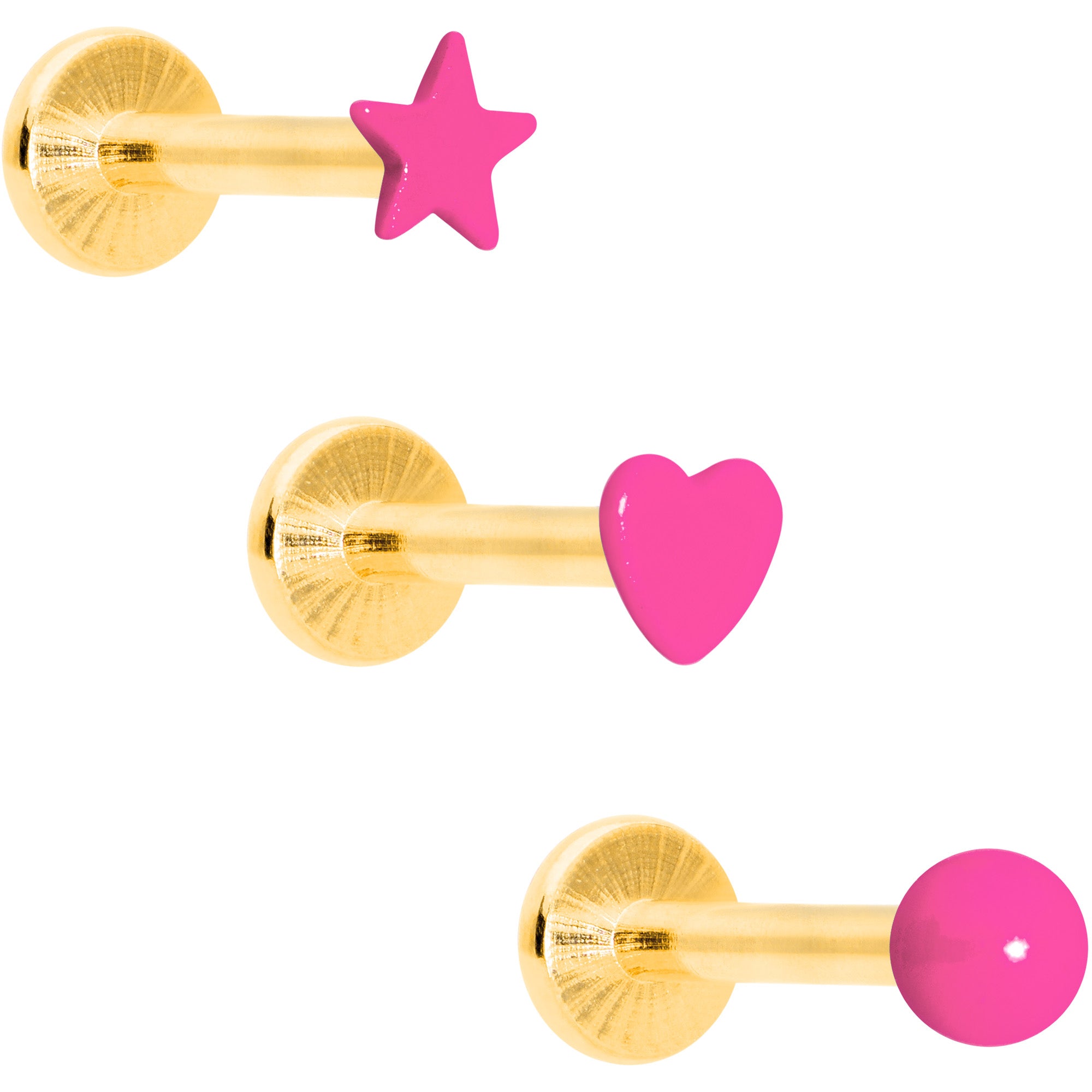 16G 5/16 Gold Tone Pink Glow Star Heart Labret Set of 3