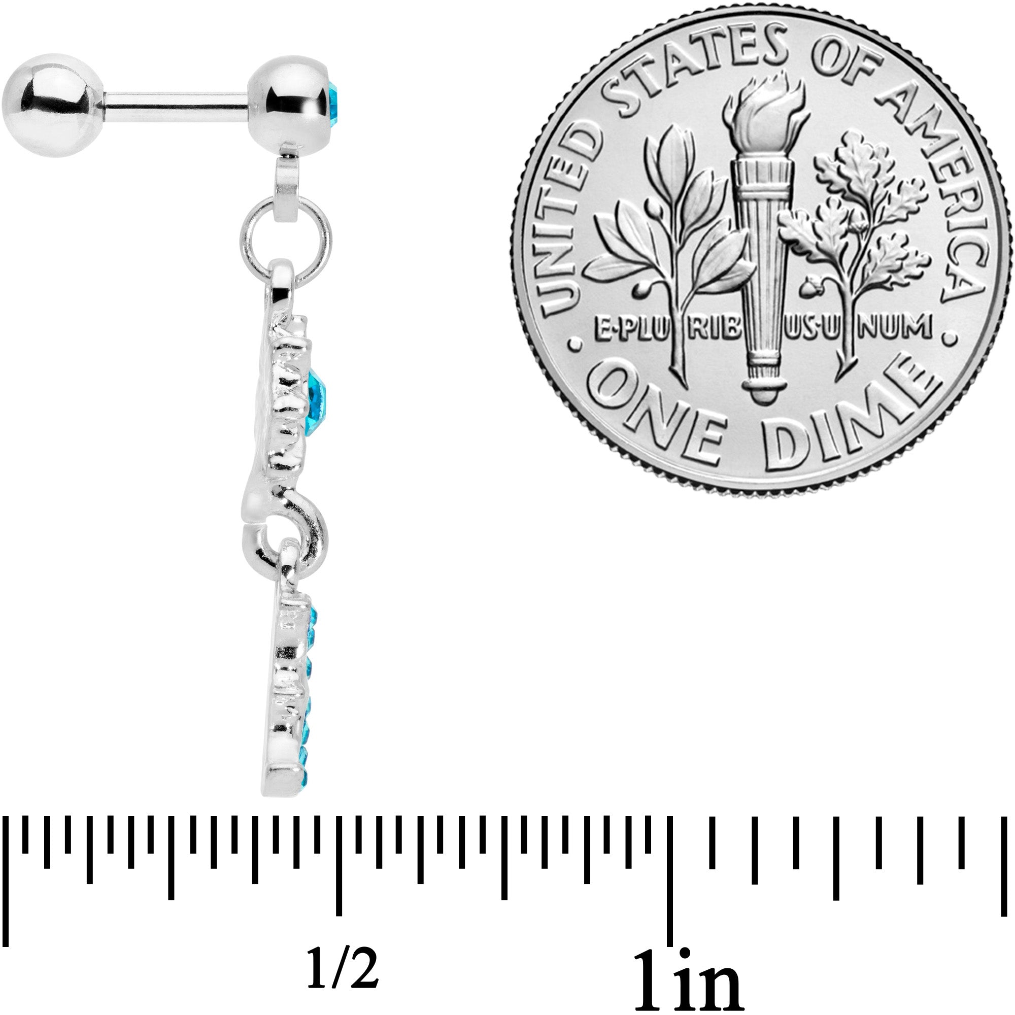 16G 1/4 Aqua Gem Moon Dangle Cartilage Tragus