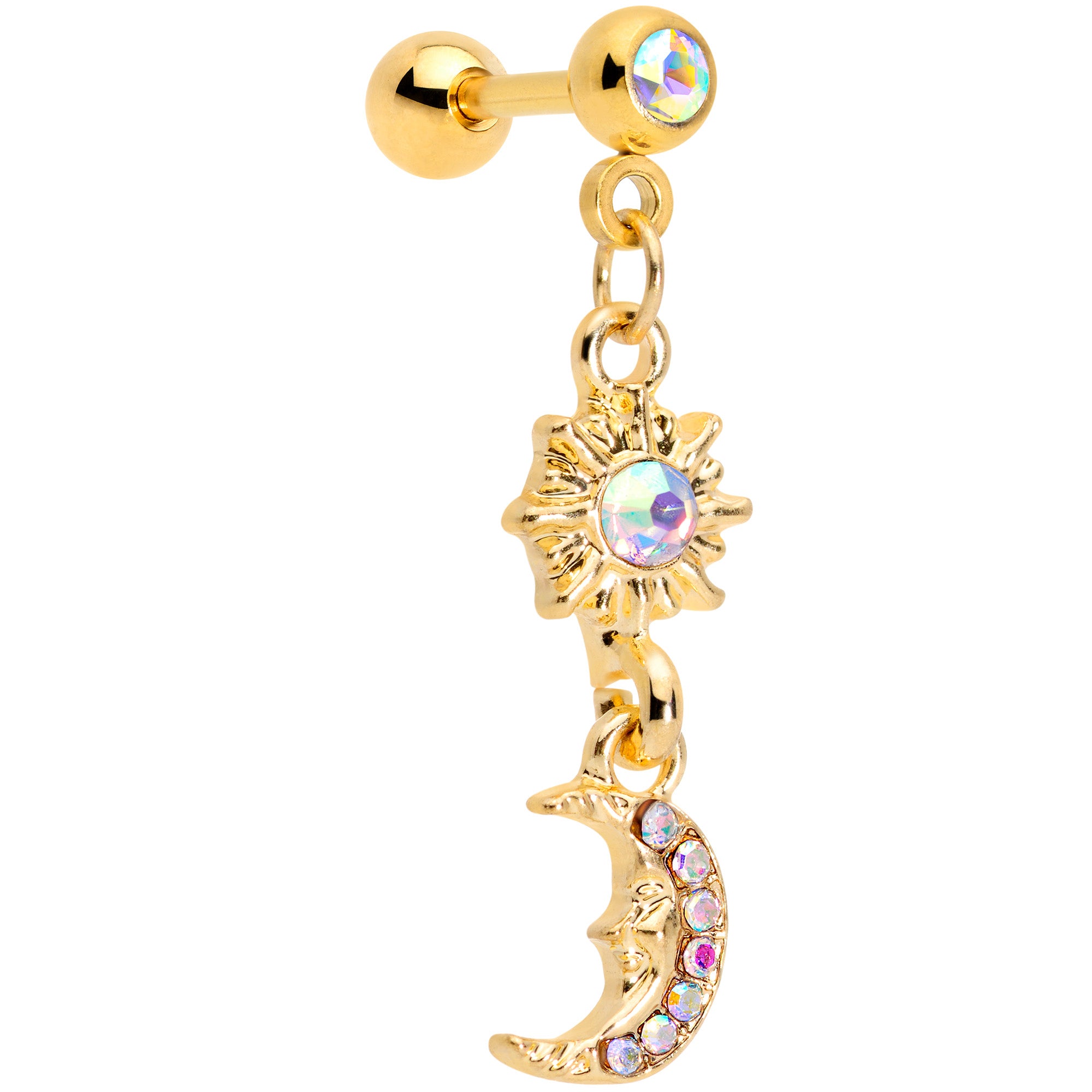 16G 1/4 Aurora Gem Gold Tone Moon Dangle Cartilage Tragus