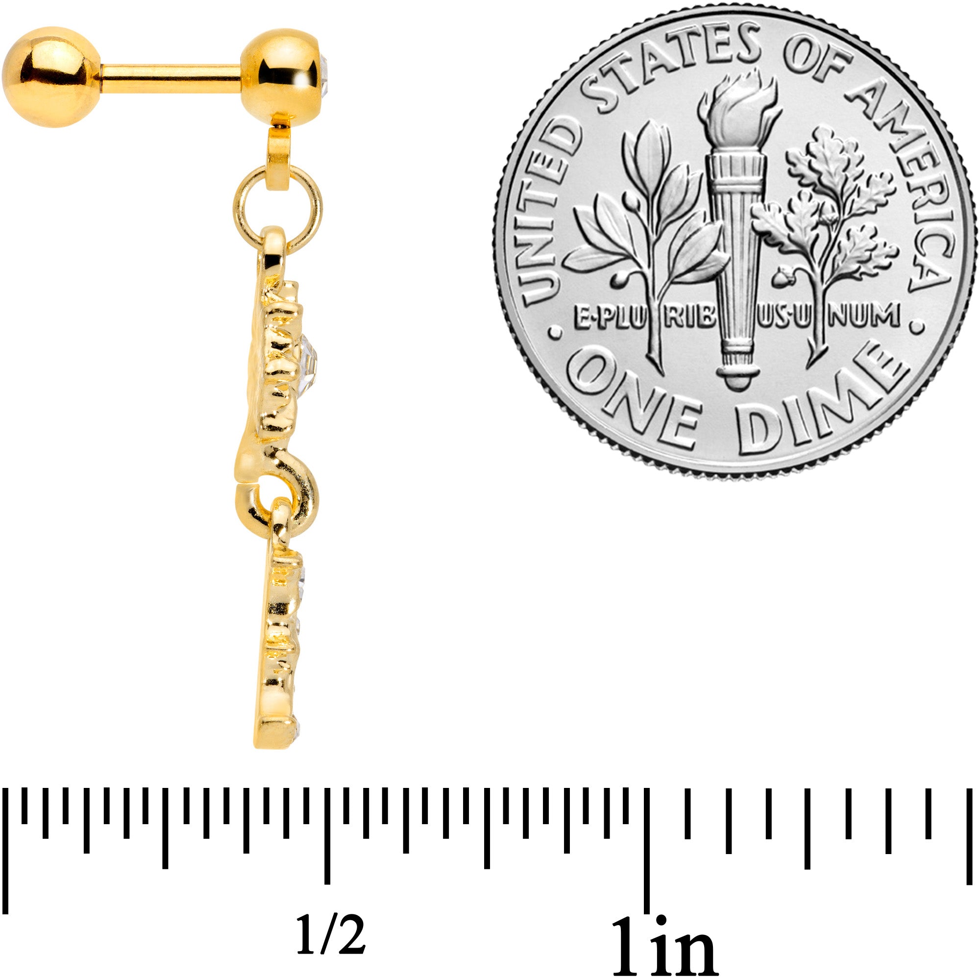 16G 1/4 Clear Gem Gold Tone Moon Dangle Cartilage Tragus