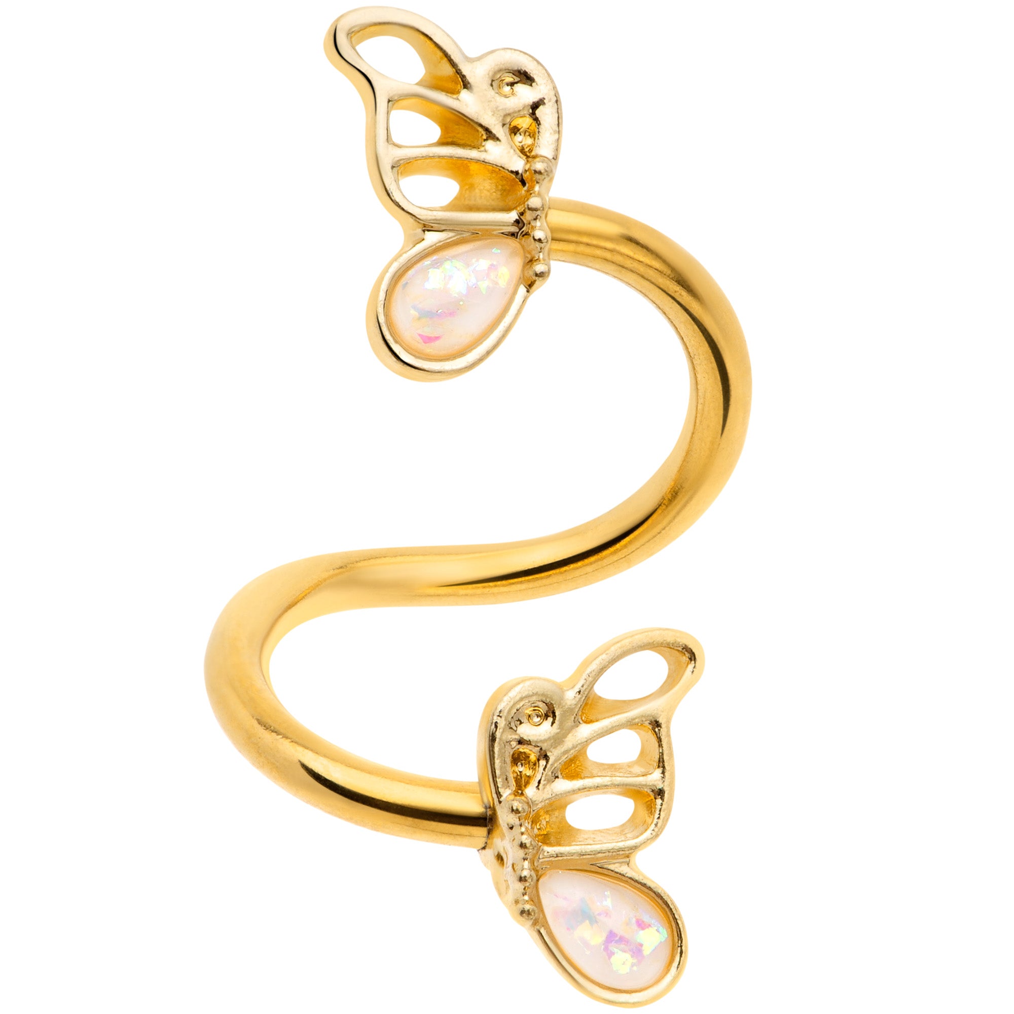 White Faux Opal Gold Tone Butterfly Spiral Twister Belly Ring