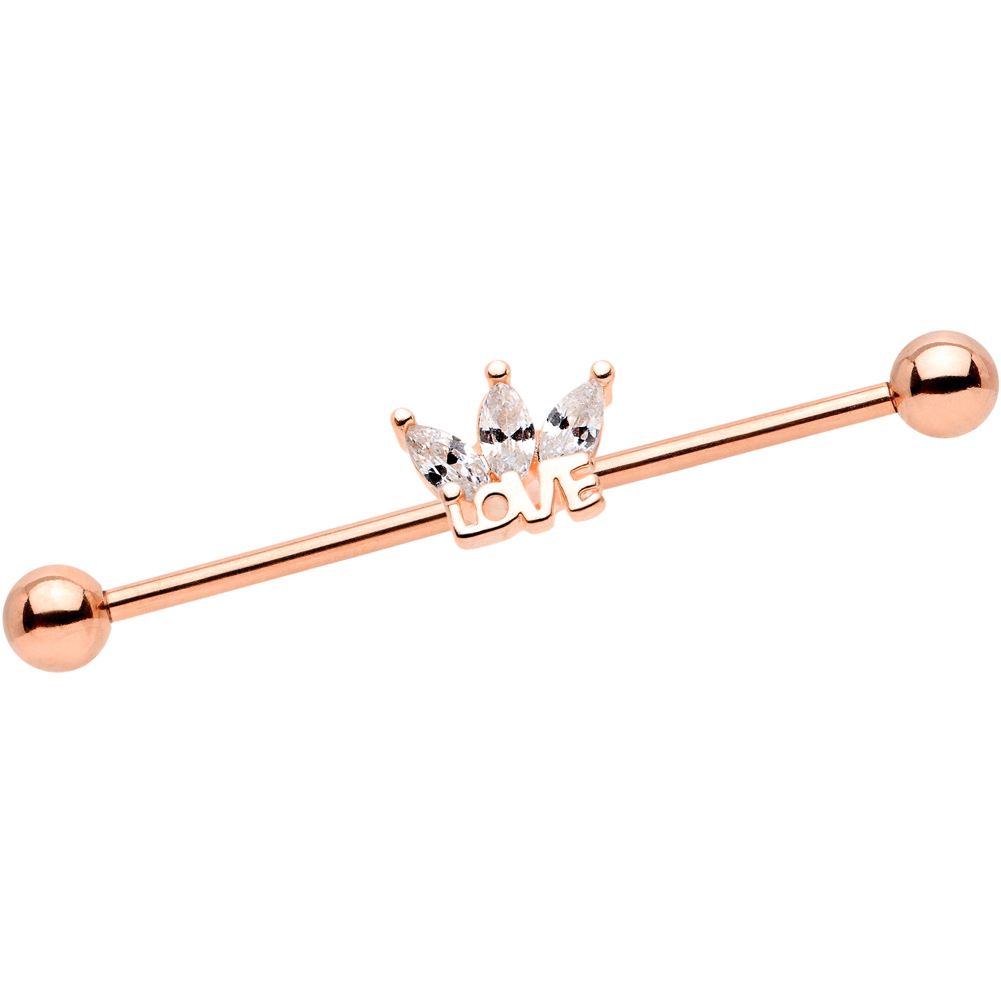 14G Clear Gem Rose Gold Tone Crown of Love Industrial Barbell 38mm