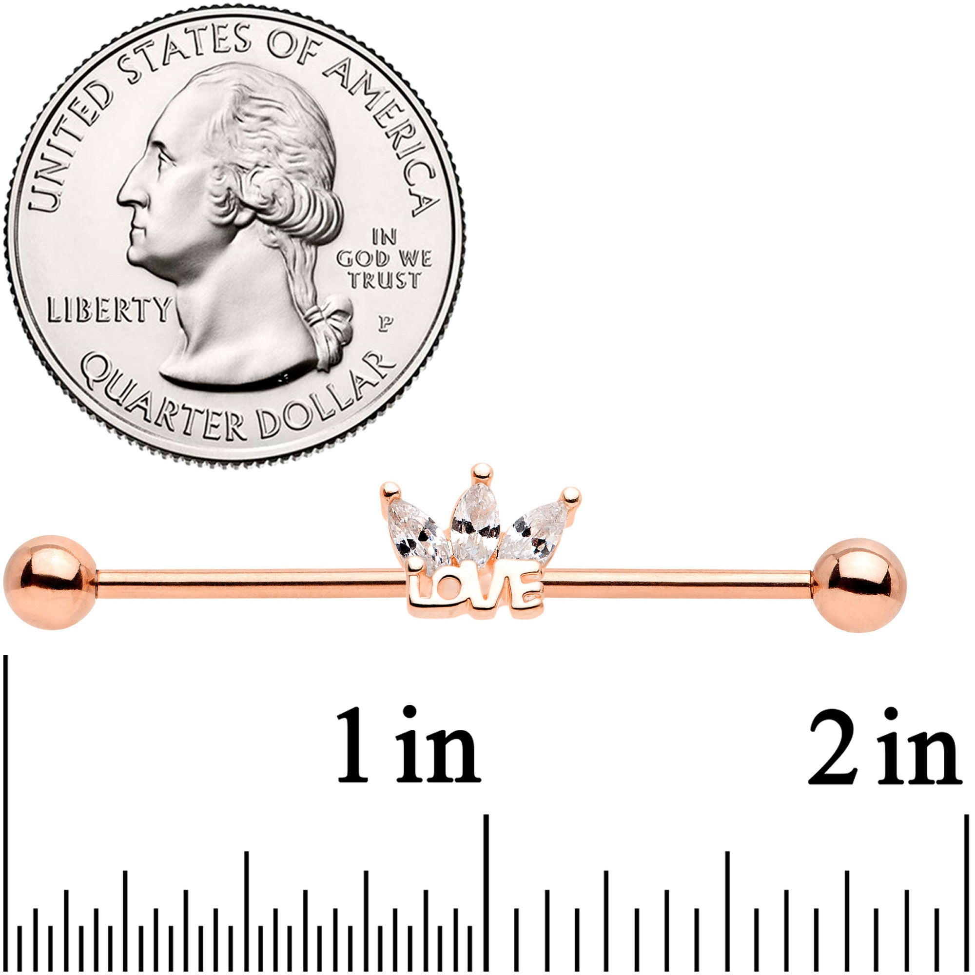 14G Clear Gem Rose Gold Tone Crown of Love Industrial Barbell 38mm