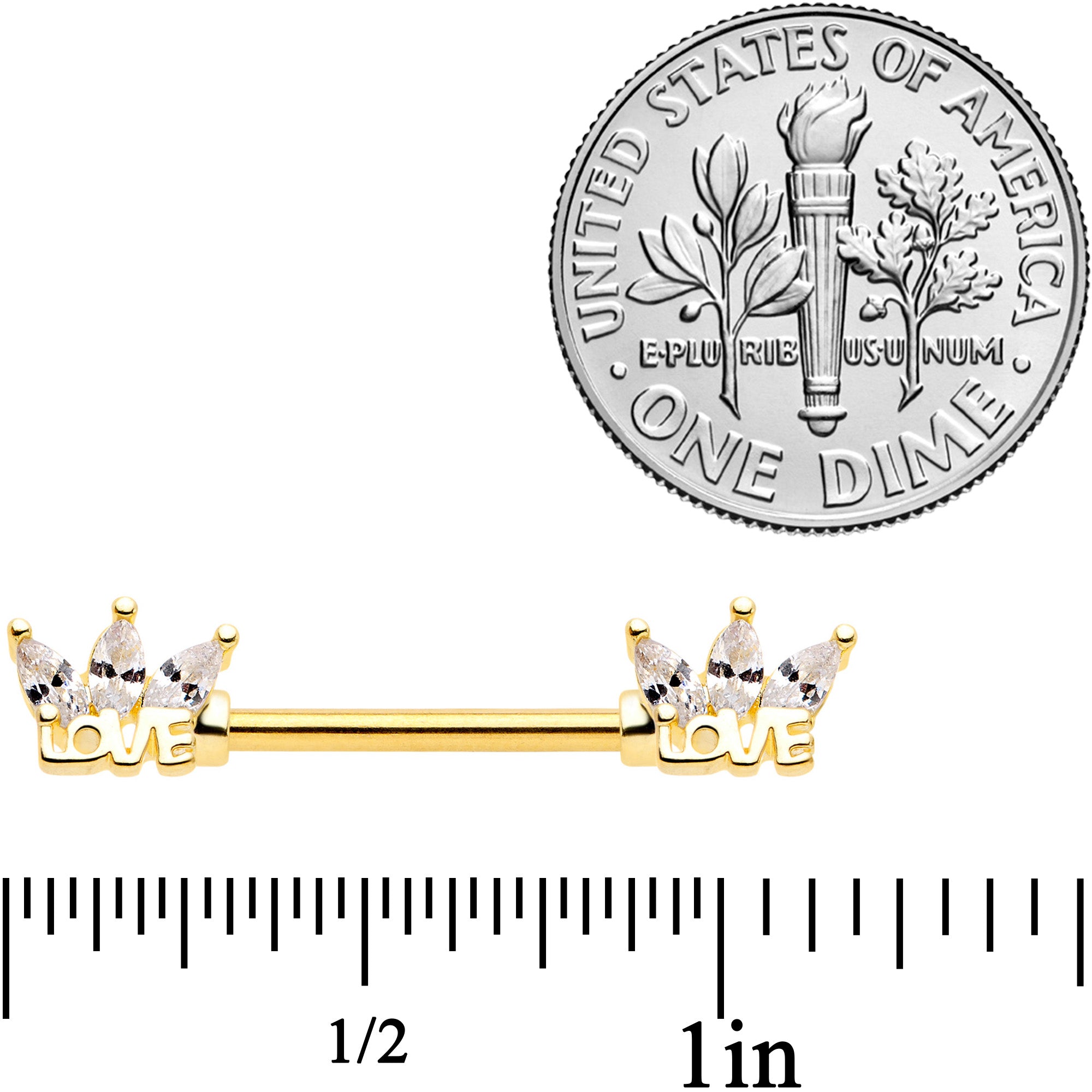 14G 9/16 Clear Gem Gold Tone Crown of Love Barbell Nipple Ring Set