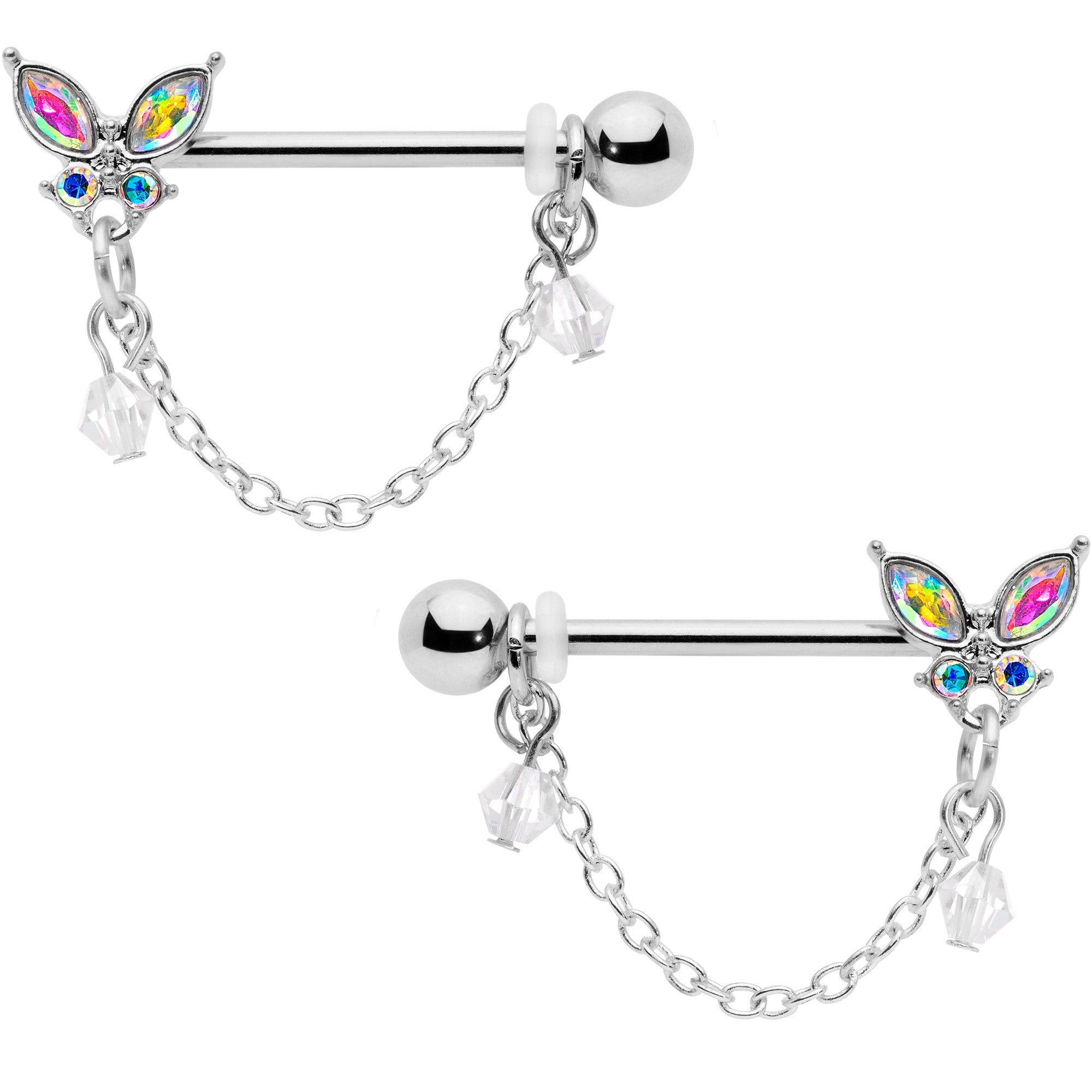 14G 5/8 Aurora Gem Butterfly Dangle Nipple Ring Set