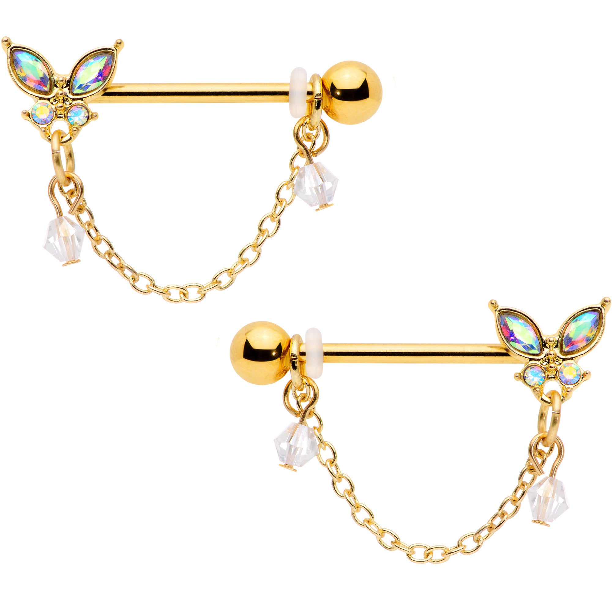 14G 5/8 Aurora Gem Gold Tone Butterfly Dangle Nipple Ring Set