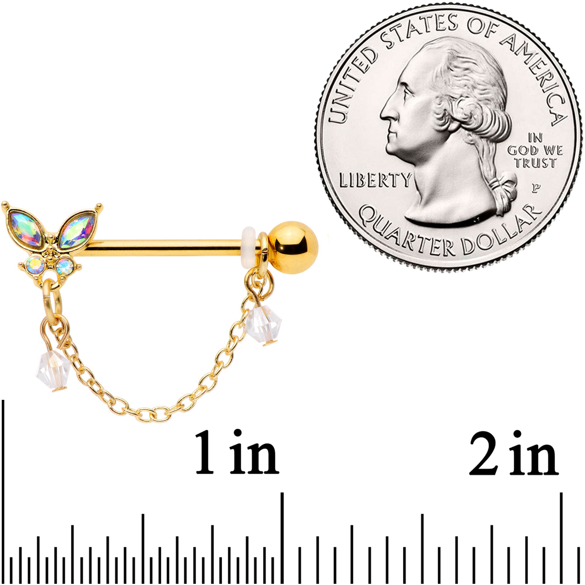 14G 5/8 Aurora Gem Gold Tone Butterfly Dangle Nipple Ring Set