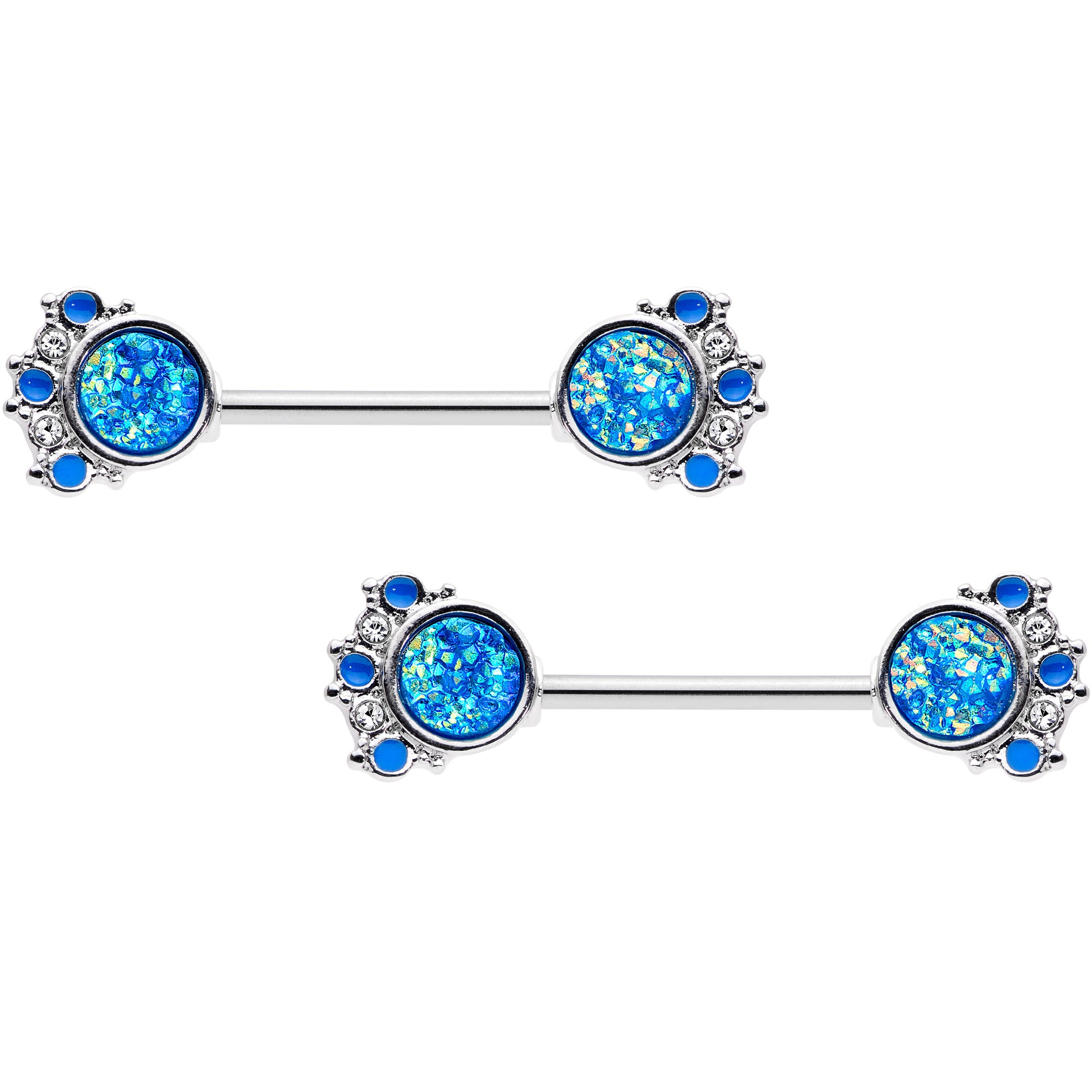 14G 9/16 Blue Faux Druzy Serenade Barbell Nipple Ring Set