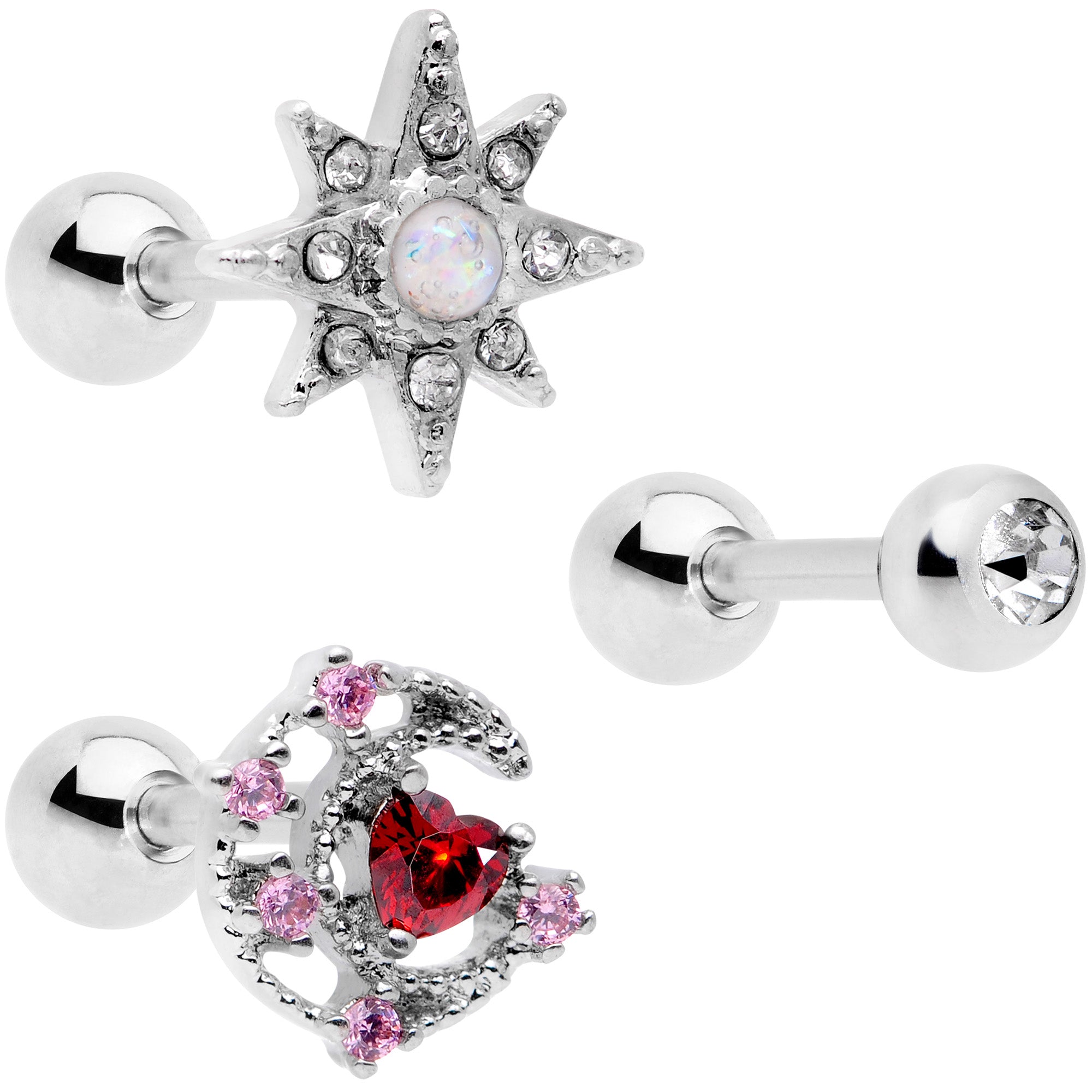 16G 1/4 Pink Red Clear CZ Gem Moon Star Cartilage Tragus Set of 3