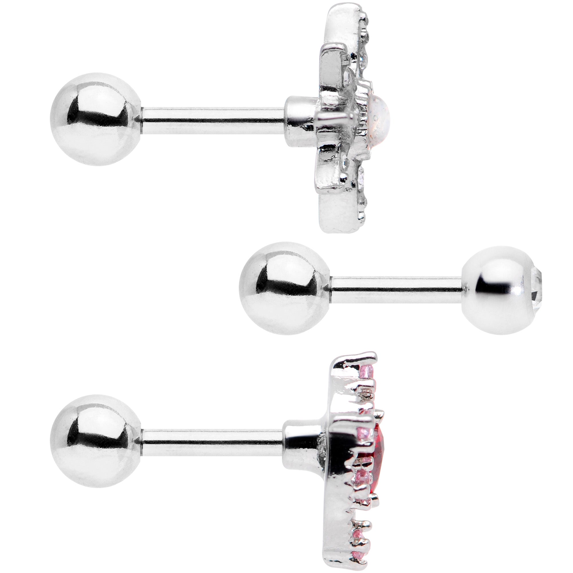 16G 1/4 Pink Red Clear CZ Gem Moon Star Cartilage Tragus Set of 3