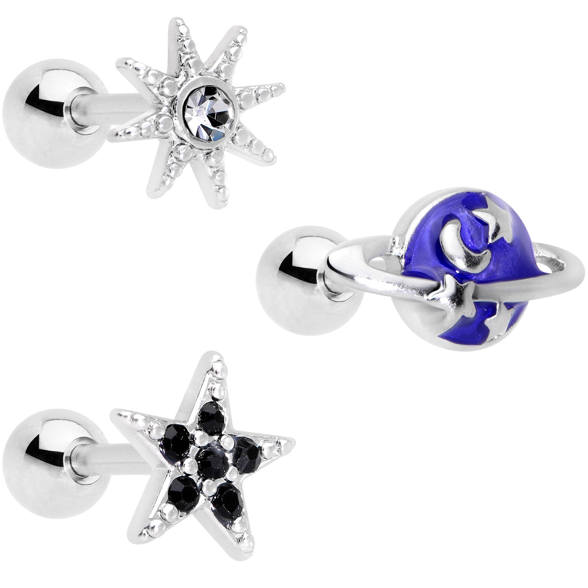 16G 1/4 Clear Black Gem Planet Stars Cartilage Tragus Set of 3