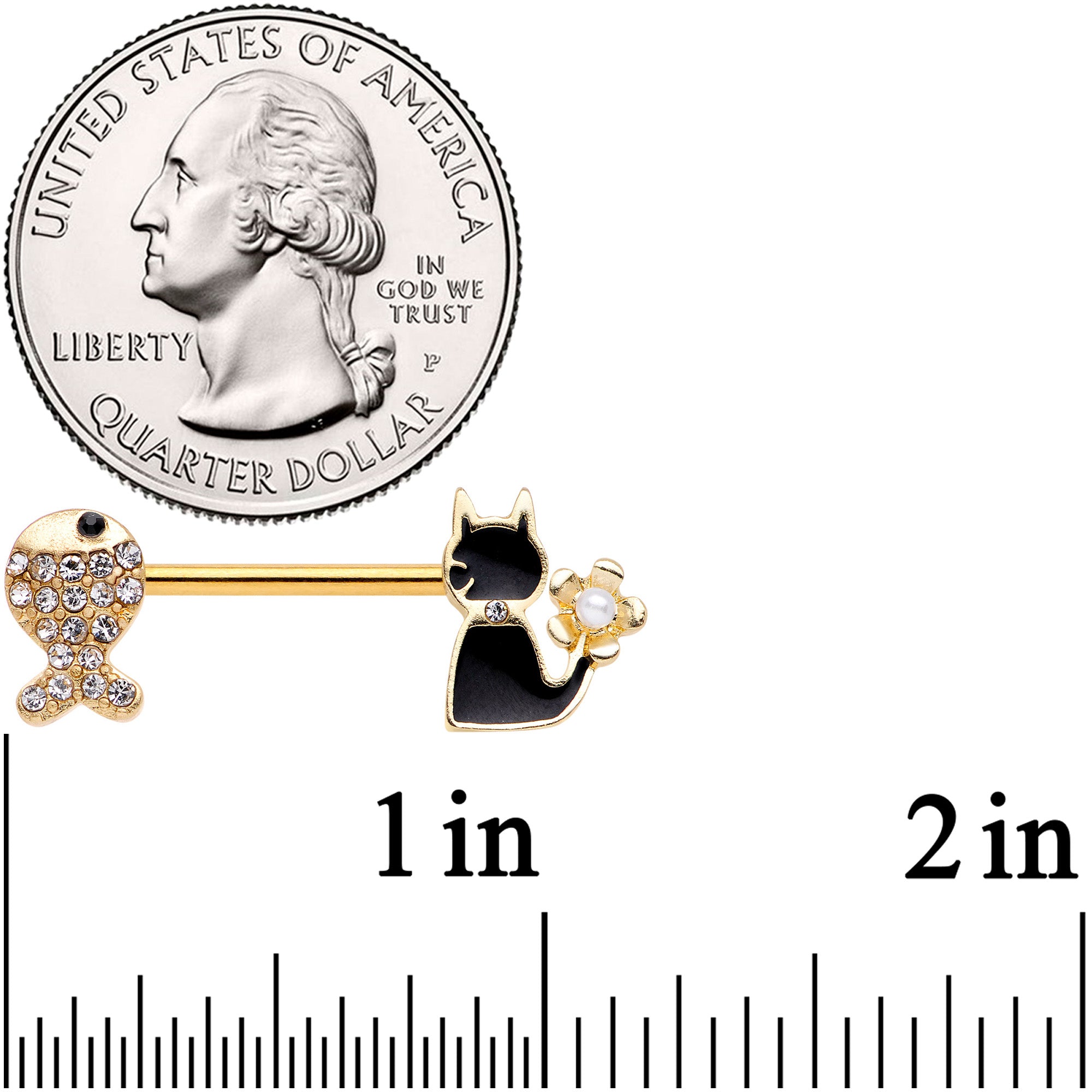 14G 9/16 Clear Gem Gold Tone Fish Black Cat Barbell Nipple Ring Set