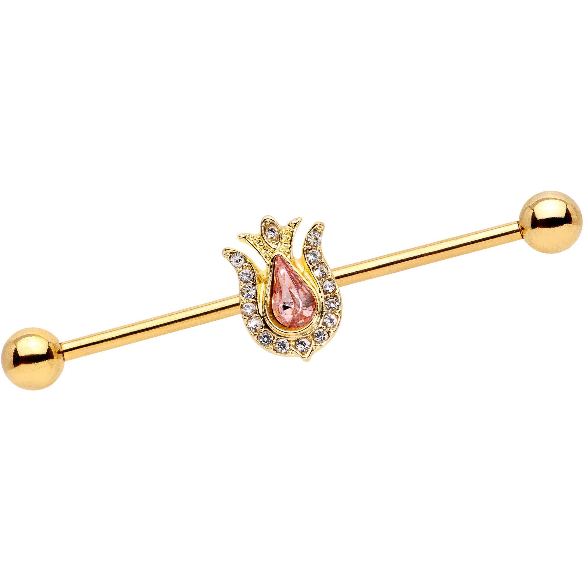 14G Pink Clear Gem Gold Tone Tulip Flower Industrial Barbell 38mm