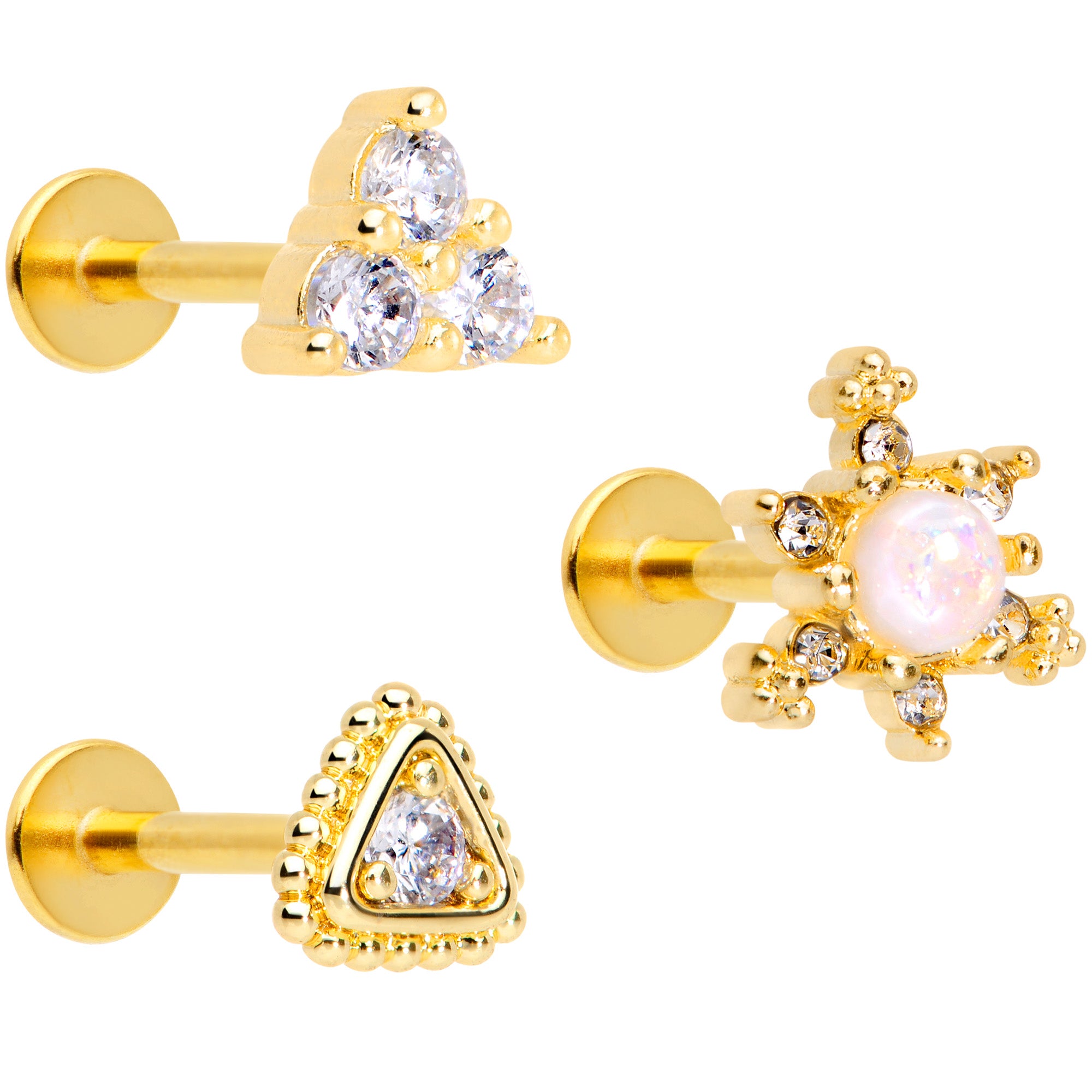 16G 5/16 Clear Gem Gold Tone Triangles Labret Tragus Set of 3