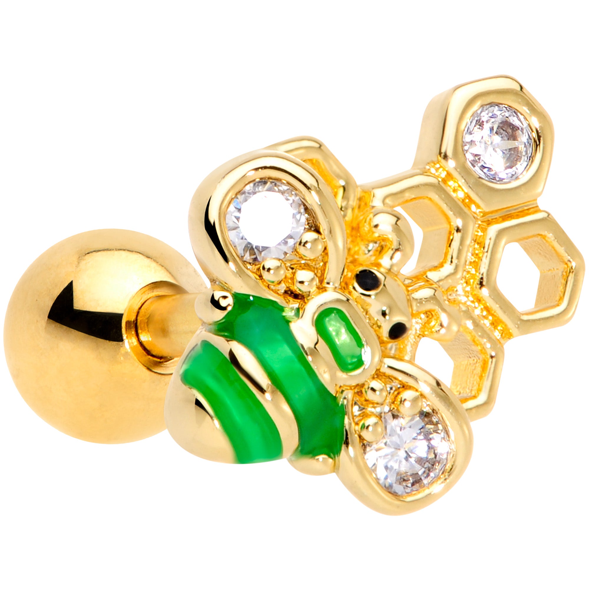 16G 1/4 Clear Gem Gold Tone Green Bee Cartilage Tragus Earring