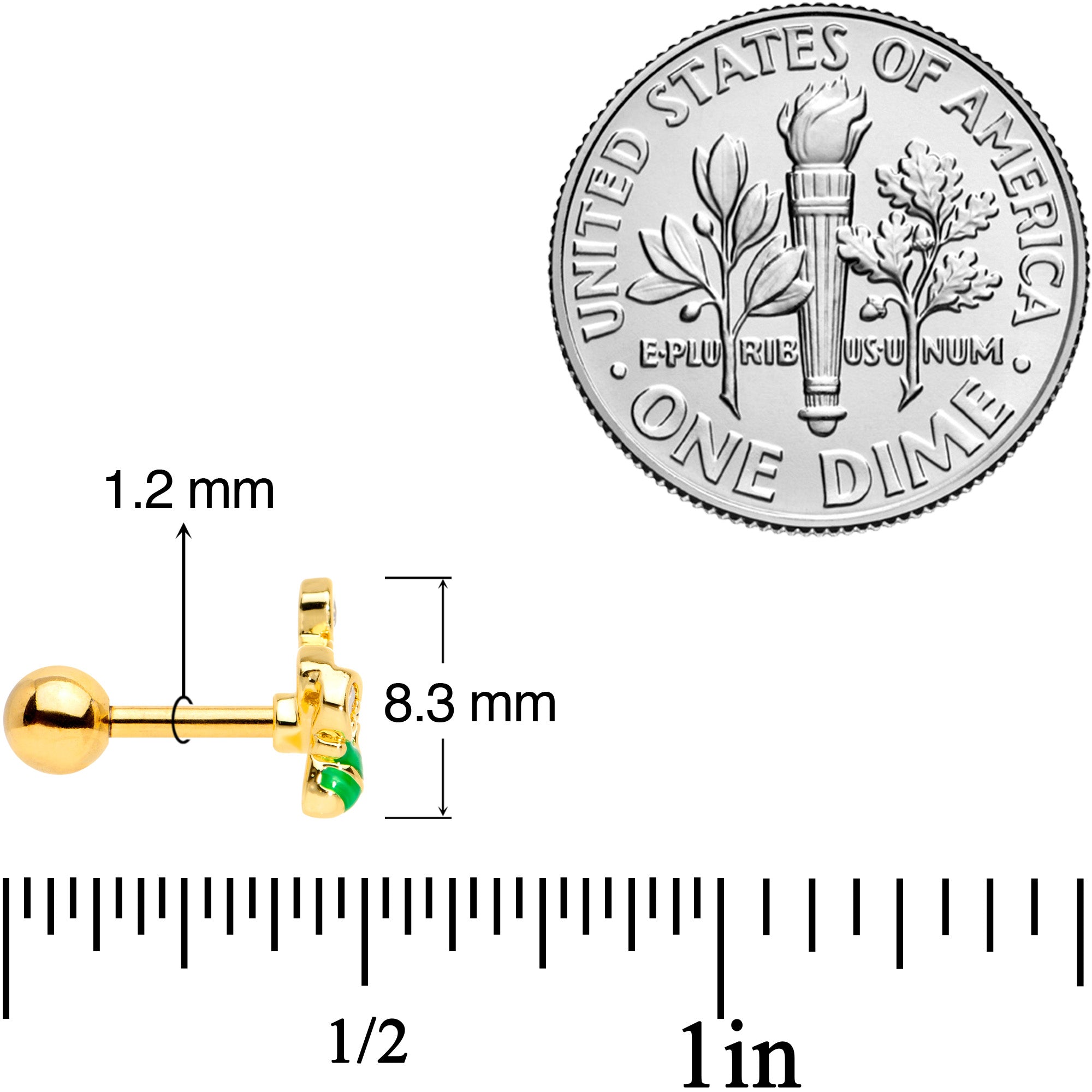 16G 1/4 Clear Gem Gold Tone Green Bee Cartilage Tragus Earring