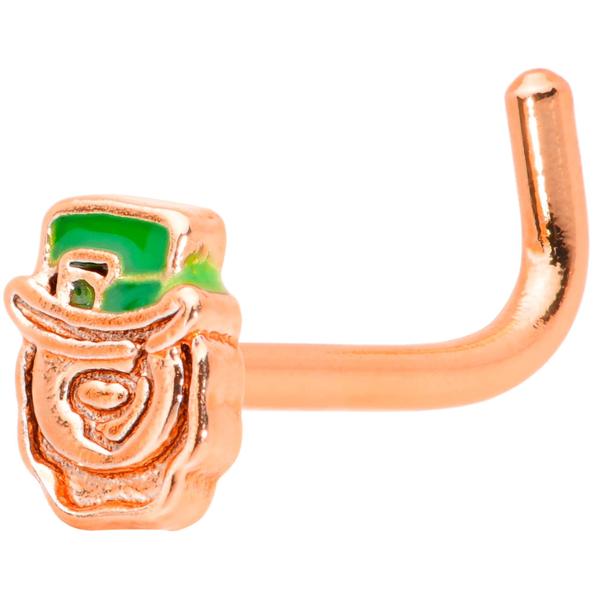 18G 5/16 Green Rose Gold Tone Lucky Leprechaun L Shaped Nose Ring