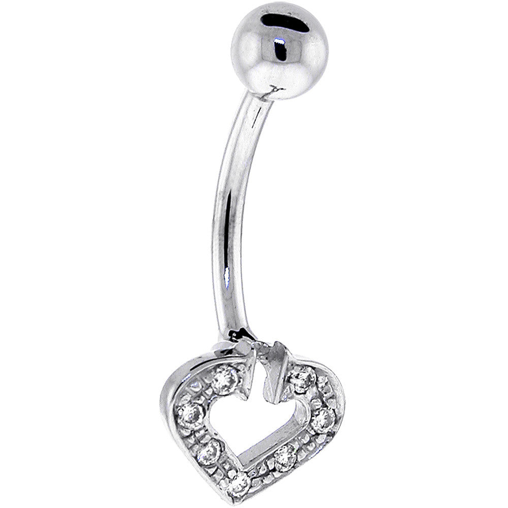16G Solid 14K White Genuine DIAMOND Paved HOLLOW HEART Belly Ring