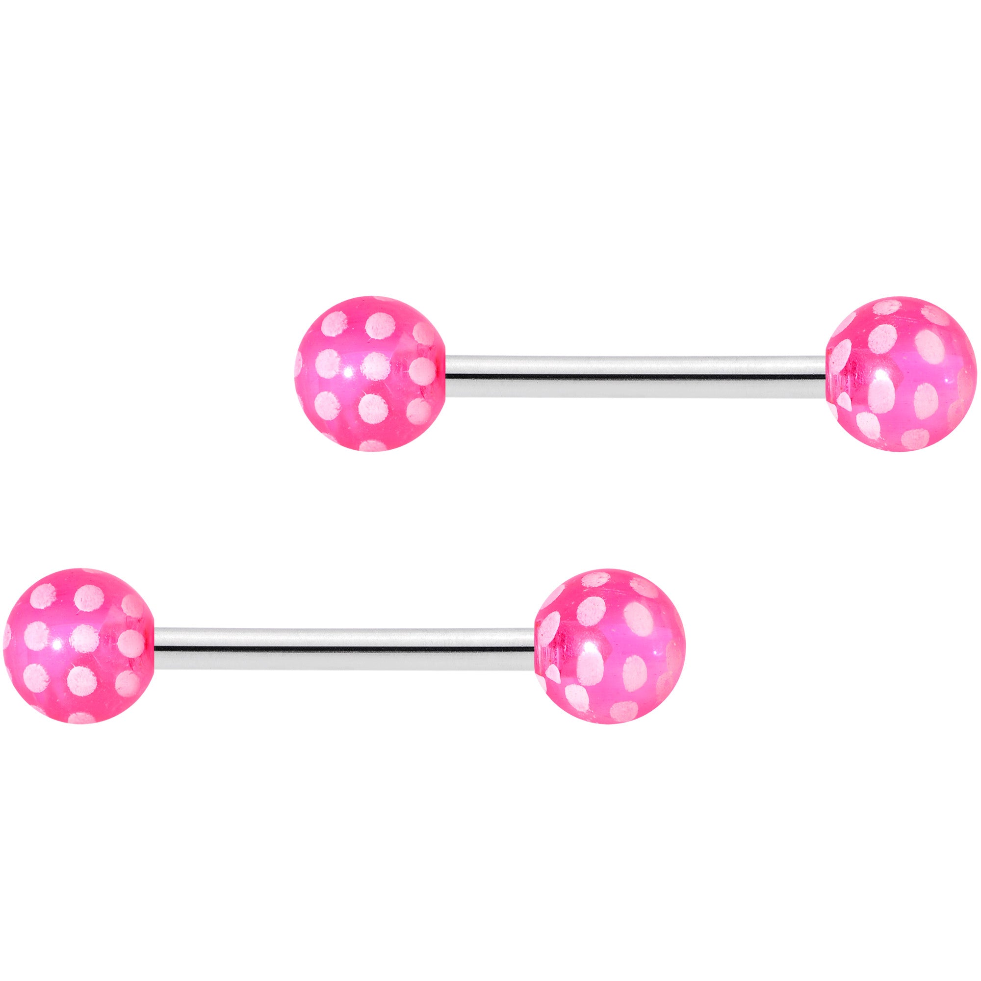 14G 9/16 Pink White Polka Dot UV Ball Barbell Nipple Ring Set