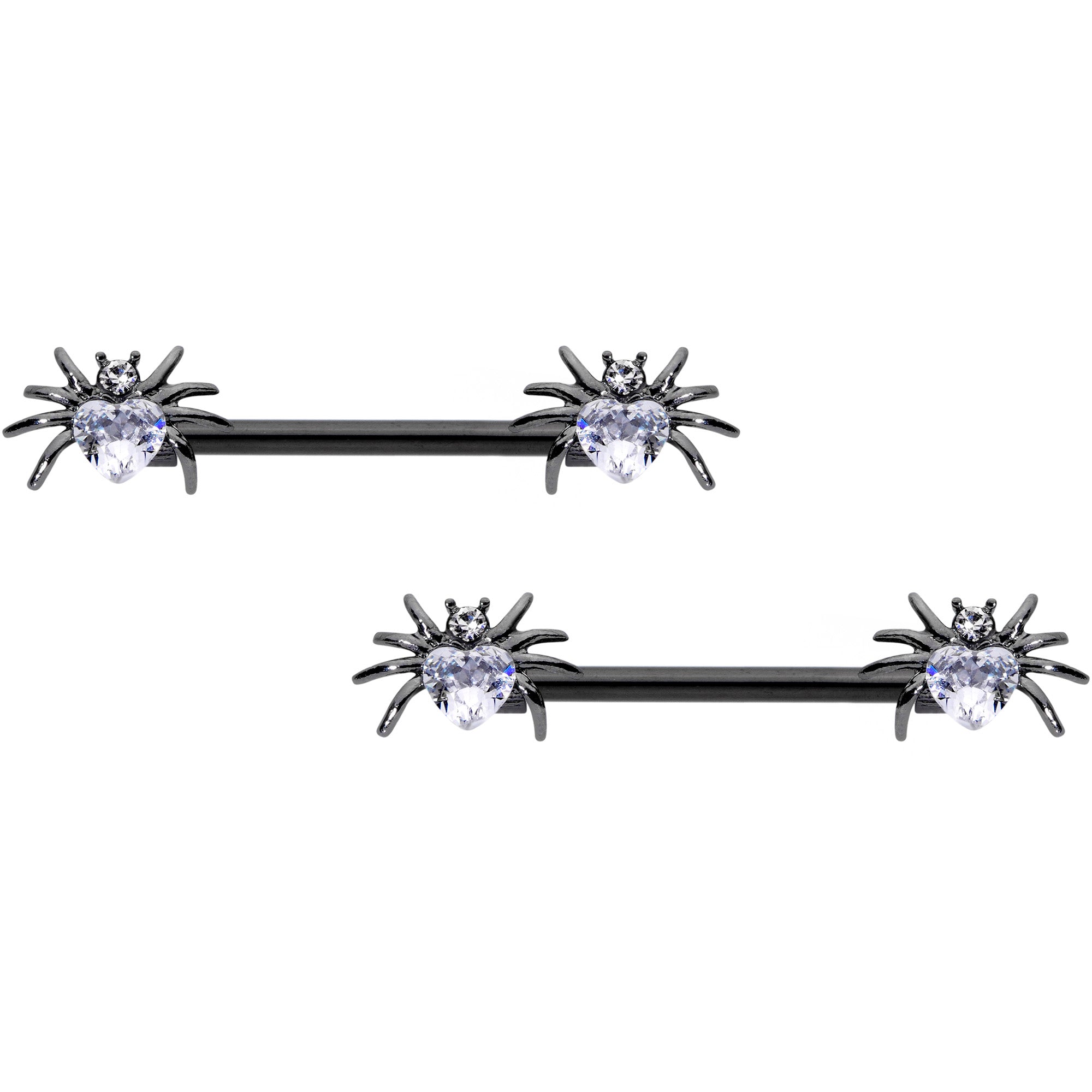 14G 5/8 Clear Gem Black Sexy Heart Spider Barbell Nipple Ring Set