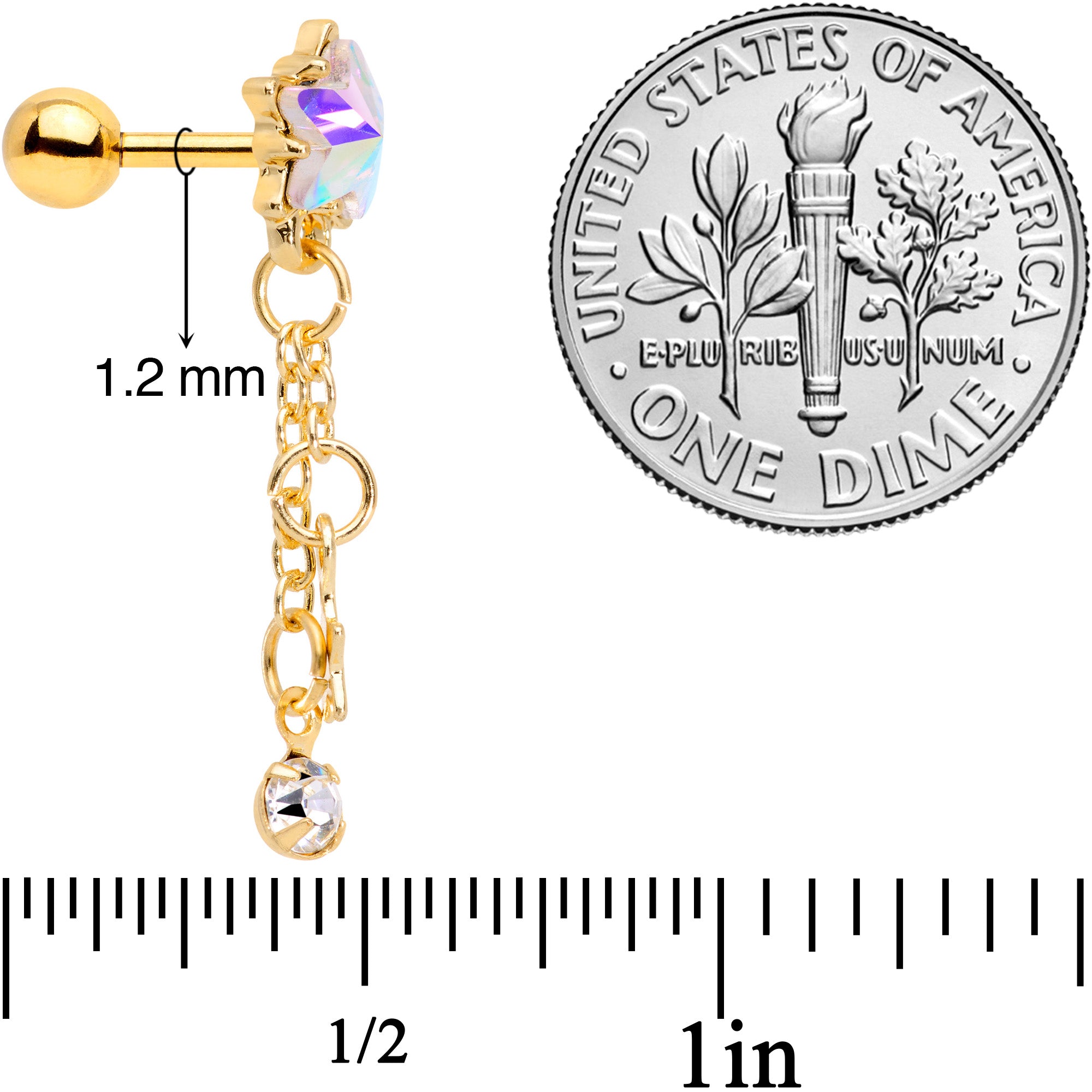 16G 1/4 Aurora Clear Gem Gold Tone Star Dangle Cartilage