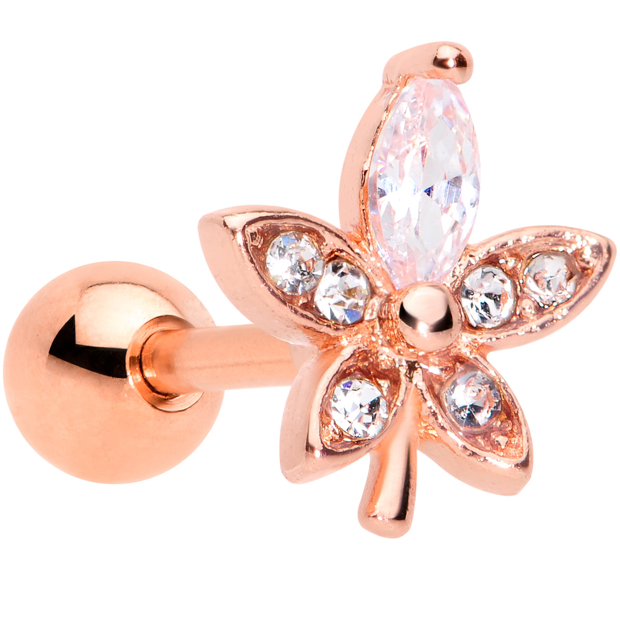 16G 1/4 Clear Gem Rose Gold Tone Lovely Flower Cartilage Tragus