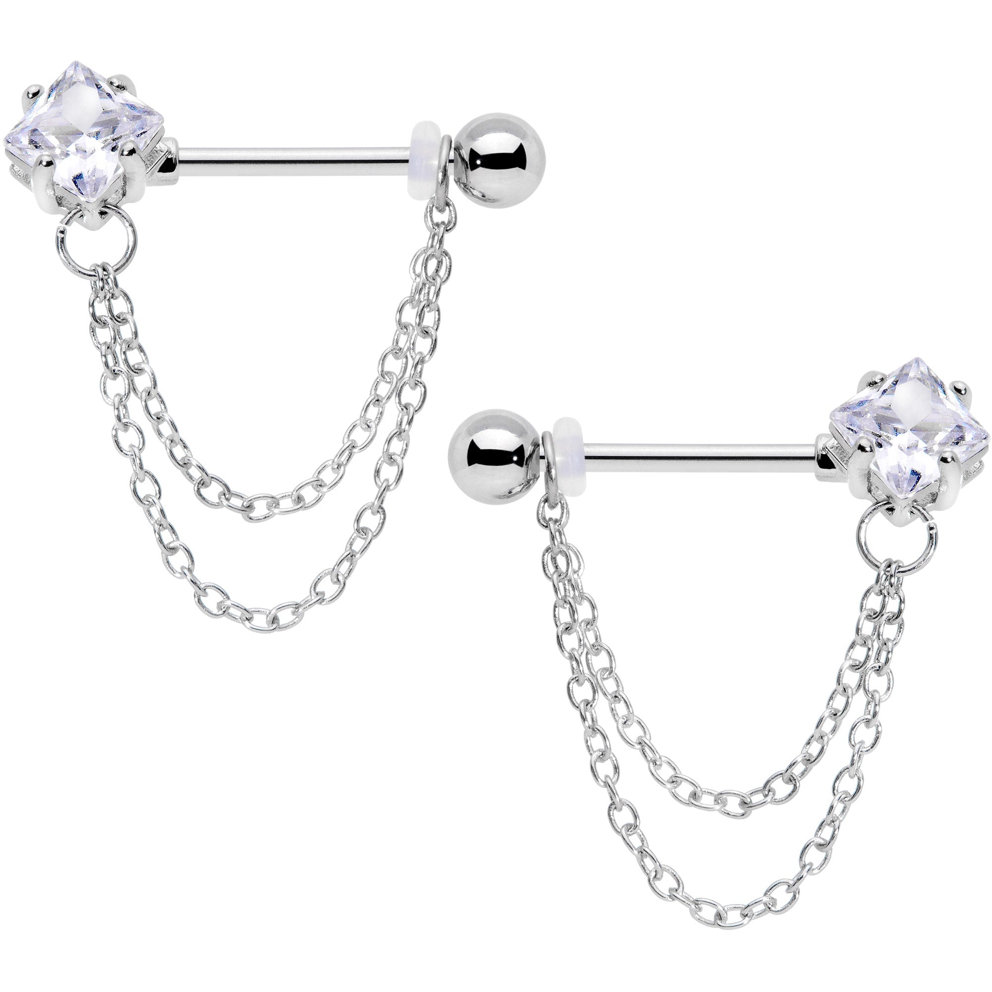 14G 5/8 Clear Gem Elegant Chain Dangle Barbell Nipple Ring Set