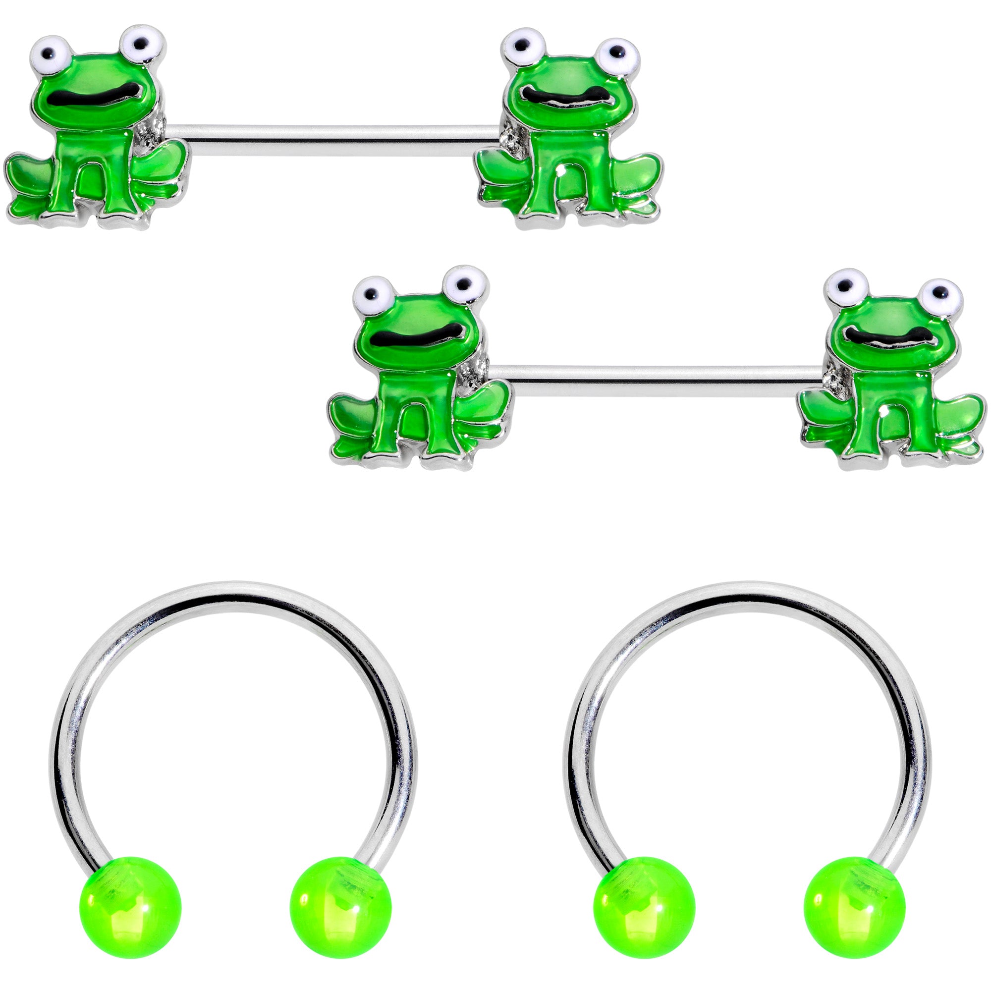 14G 9/16 Green Frog UV Horseshoe Barbell Nipple Ring Set of 4