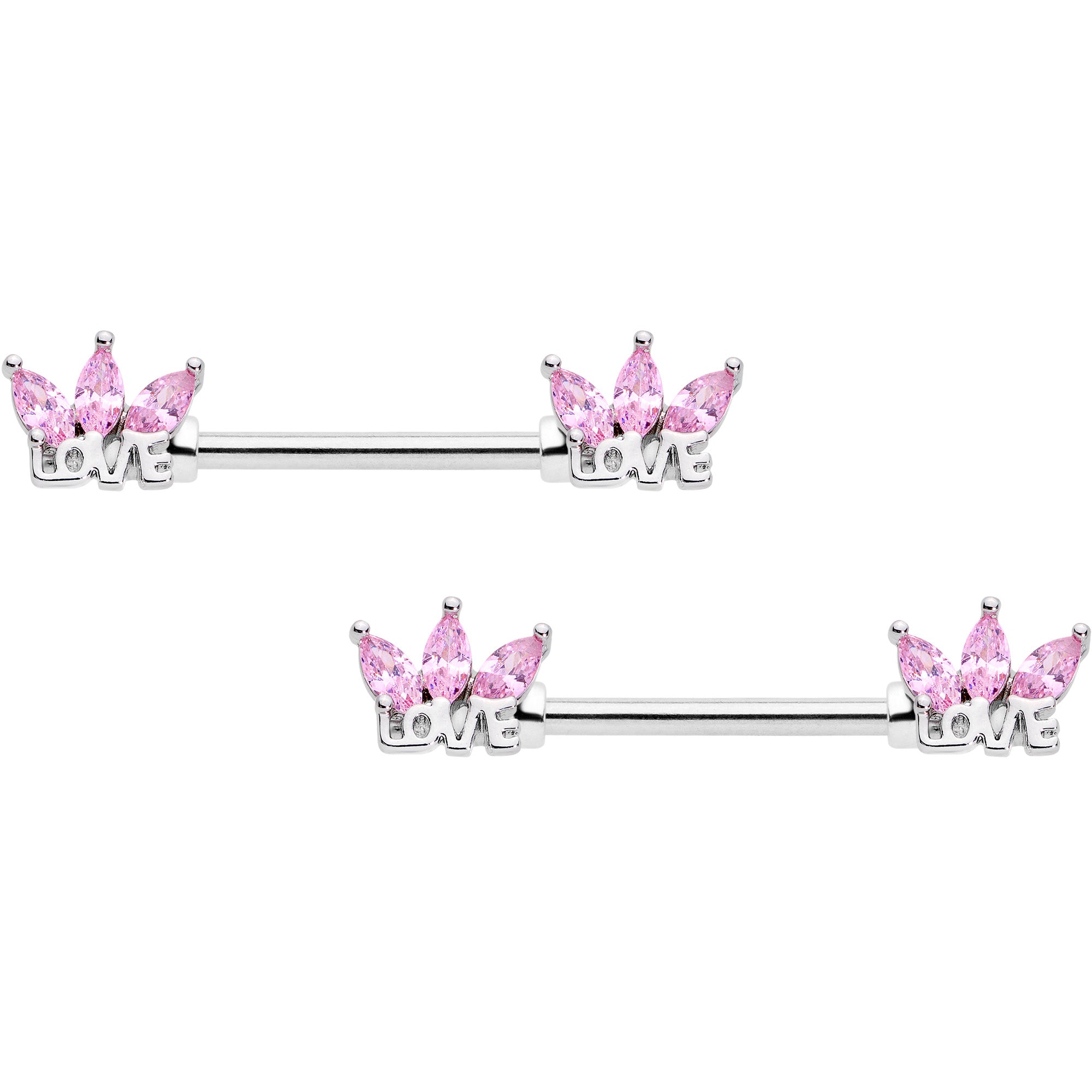 14G 9/16 Pink Gem Crown of Love Barbell Nipple Ring Set