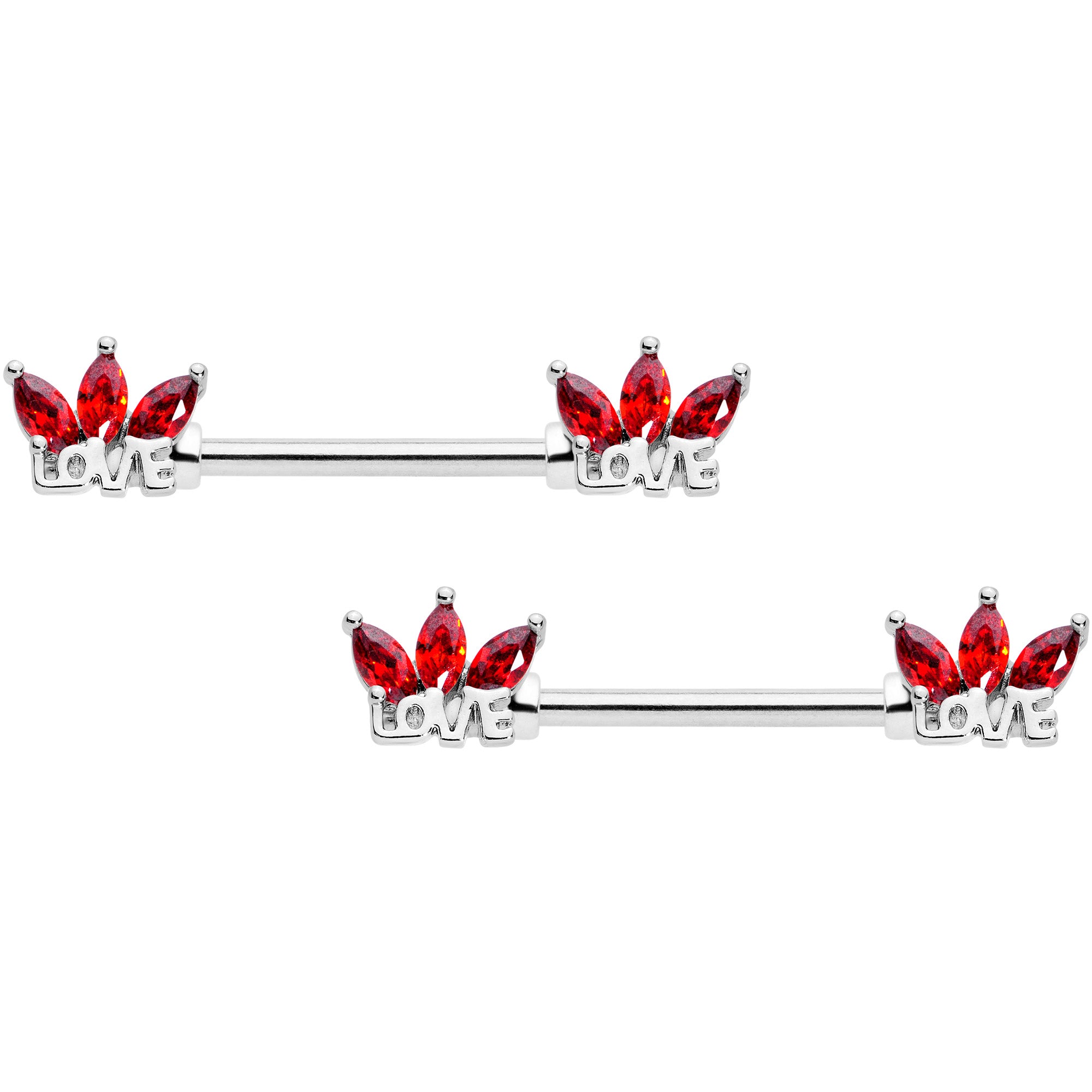 14G 9/16 Red Gem Crown of Love Barbell Nipple Ring Set