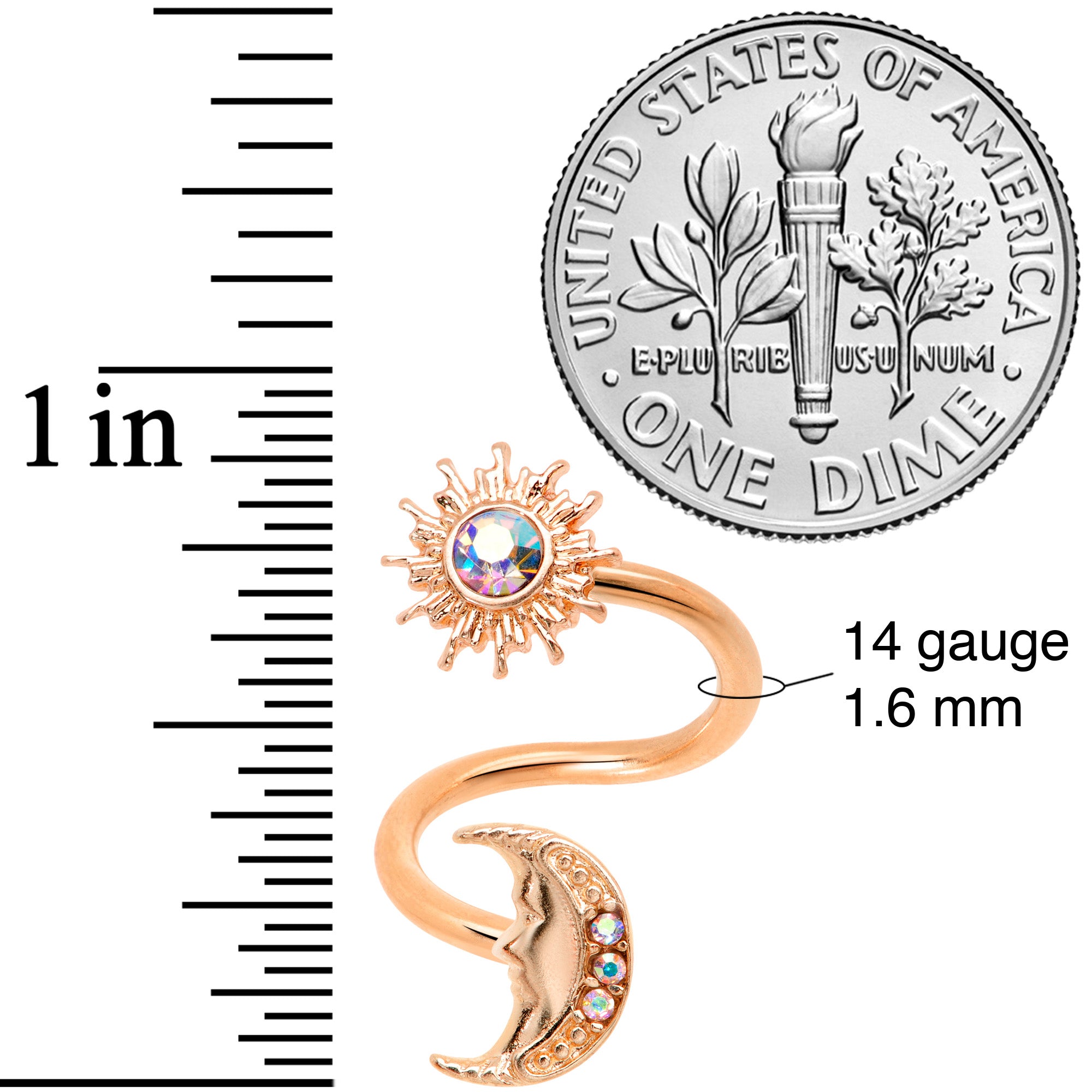 14G 7/16 Aurora Gem Rose Gold Tone Moon Spiral Twister Belly Ring