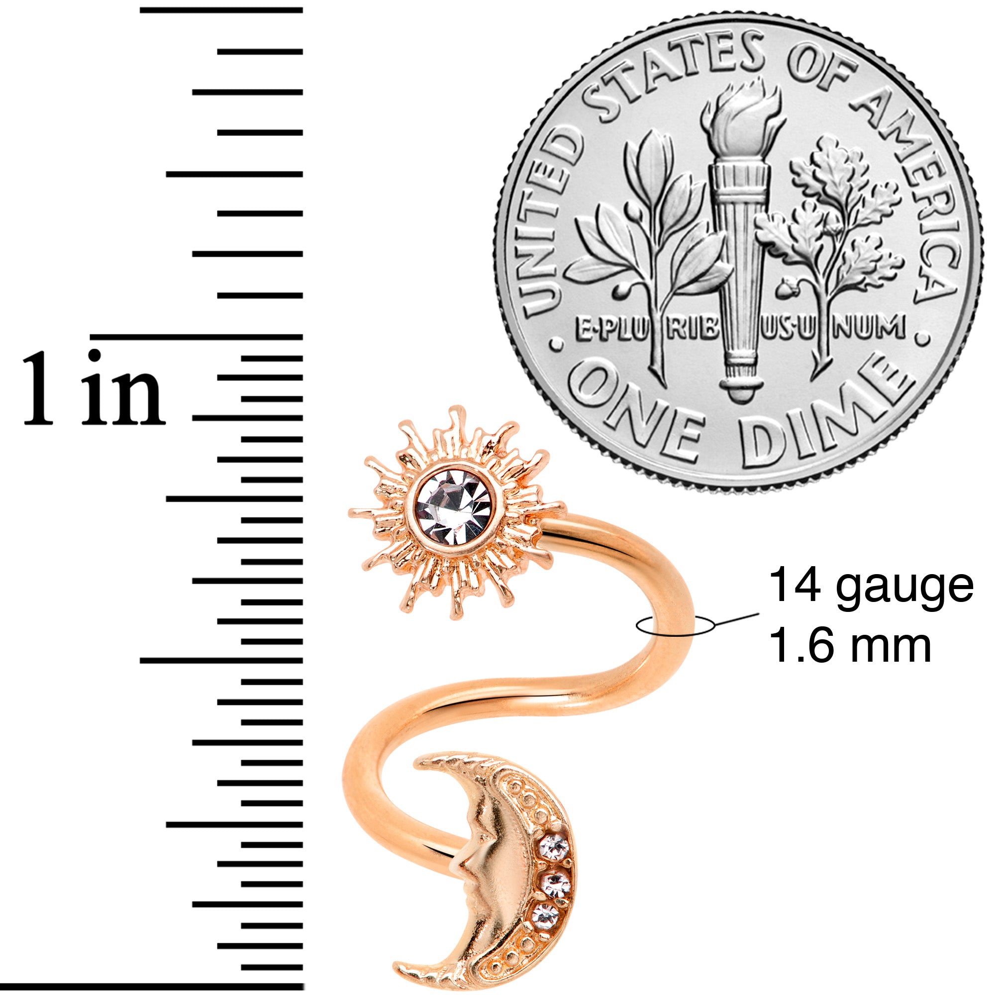 14G 7/16 Clear Gem Rose Gold Tone Moon Spiral Twister Belly Ring