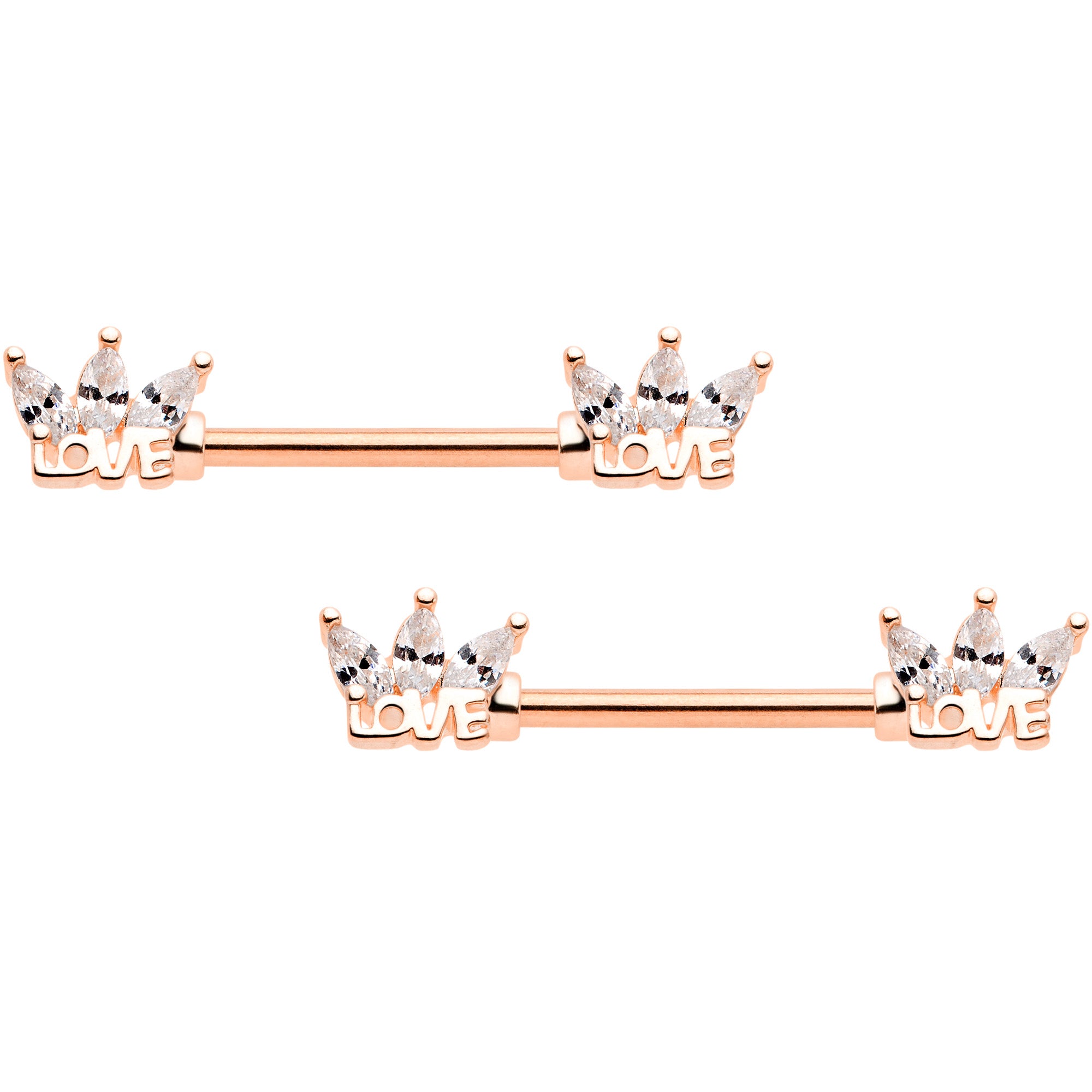 14G 9/16 Clear Gem Rose Gold Tone Love Barbell Nipple Ring Set