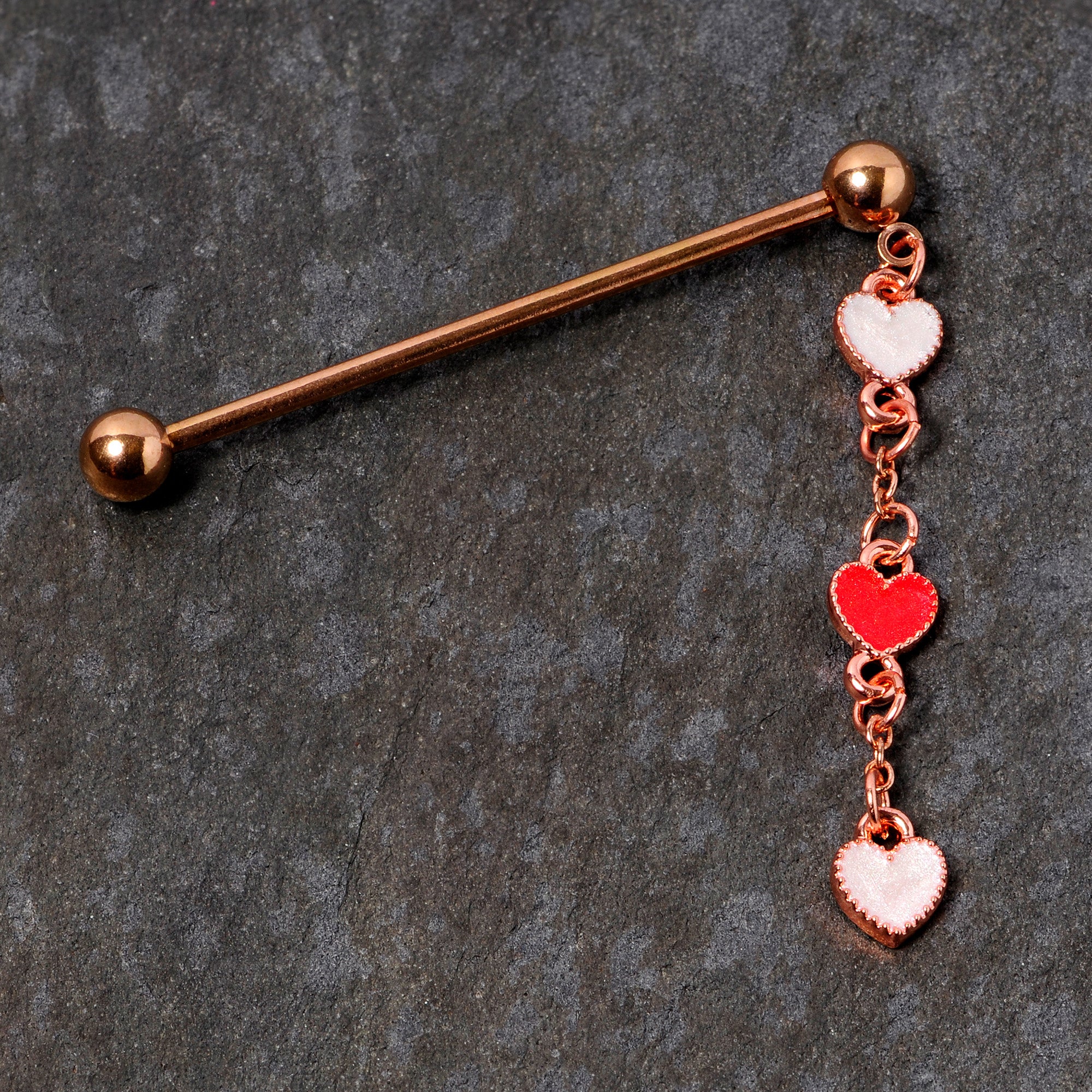 14G Red White Rose Gold Tone Hearts Dangle Industrial Barbell 38mm