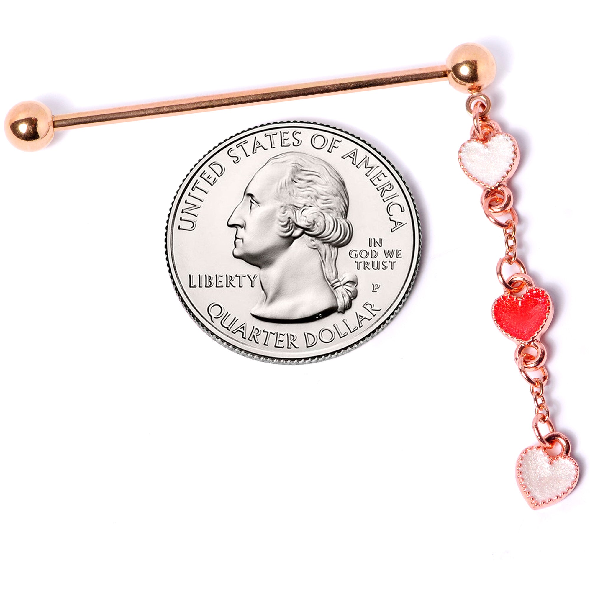 14G Red White Rose Gold Tone Hearts Dangle Industrial Barbell 38mm