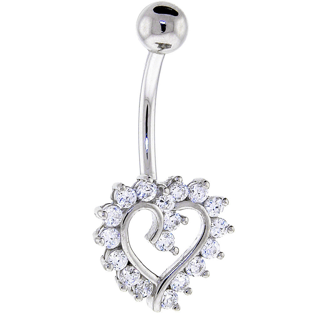16G Solid 14K White Cubic Zirconia HOLLOW HEART Belly Ring