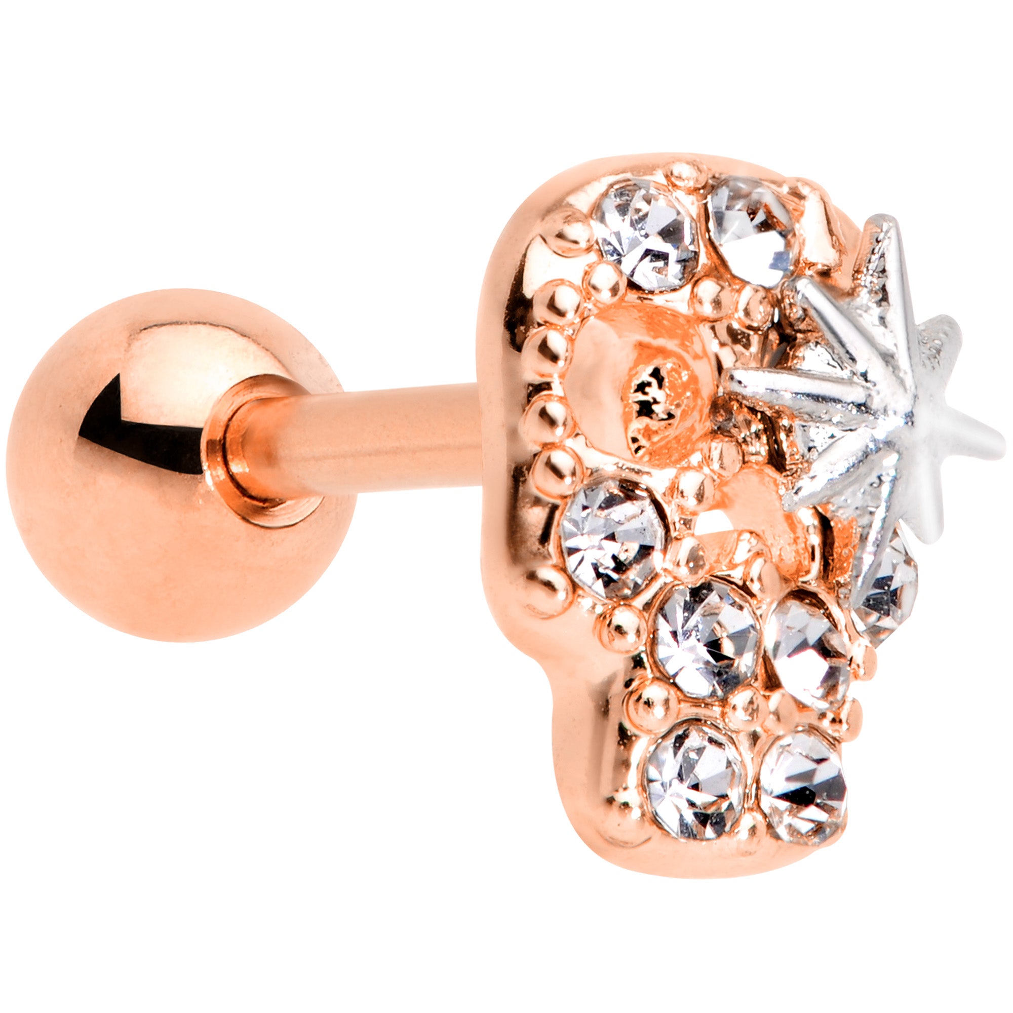 16G 1/4 Clear Gem Rose Gold Tone Star Skull Cartilage Tragus