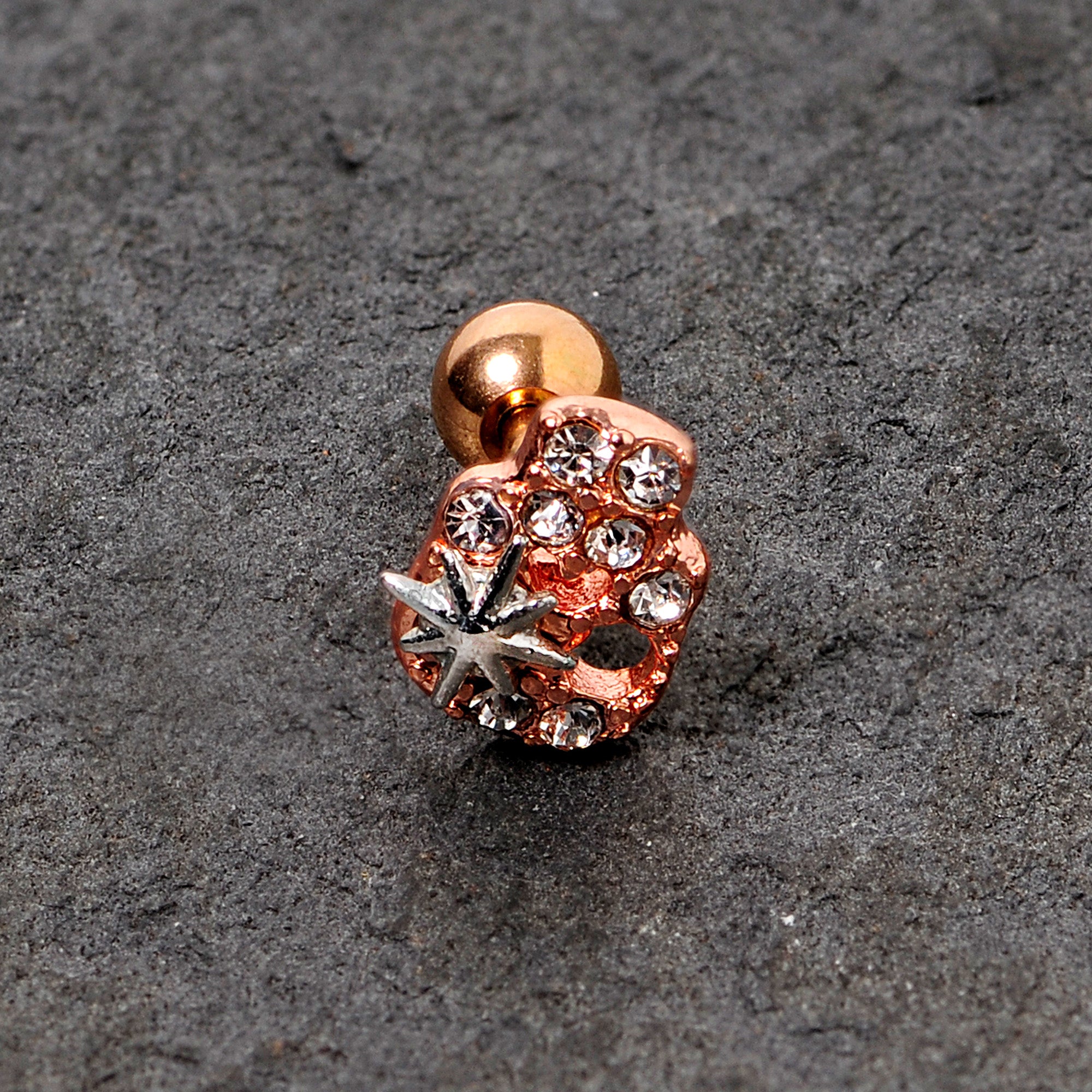 16G 1/4 Clear Gem Rose Gold Tone Star Skull Cartilage Tragus