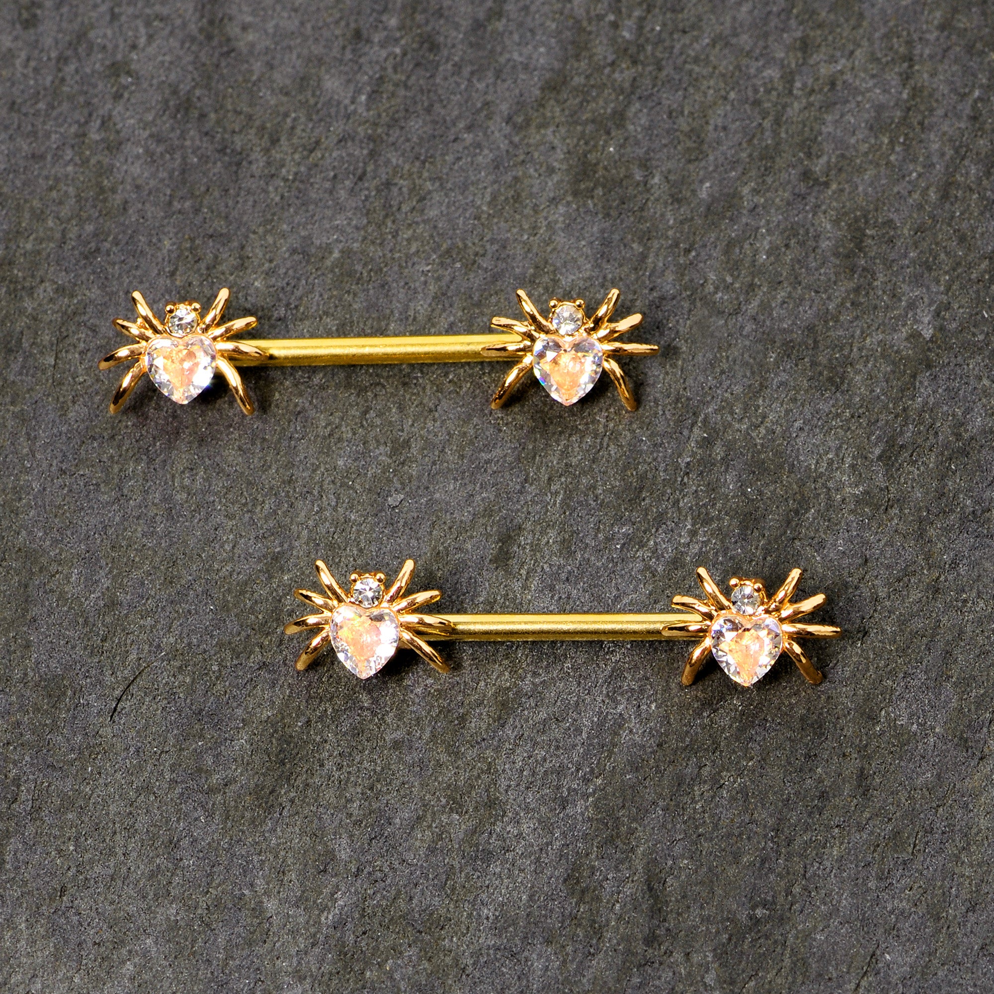 14G 9/16 Clear Gem Gold Tone Heart Spider Nipple Ring Set