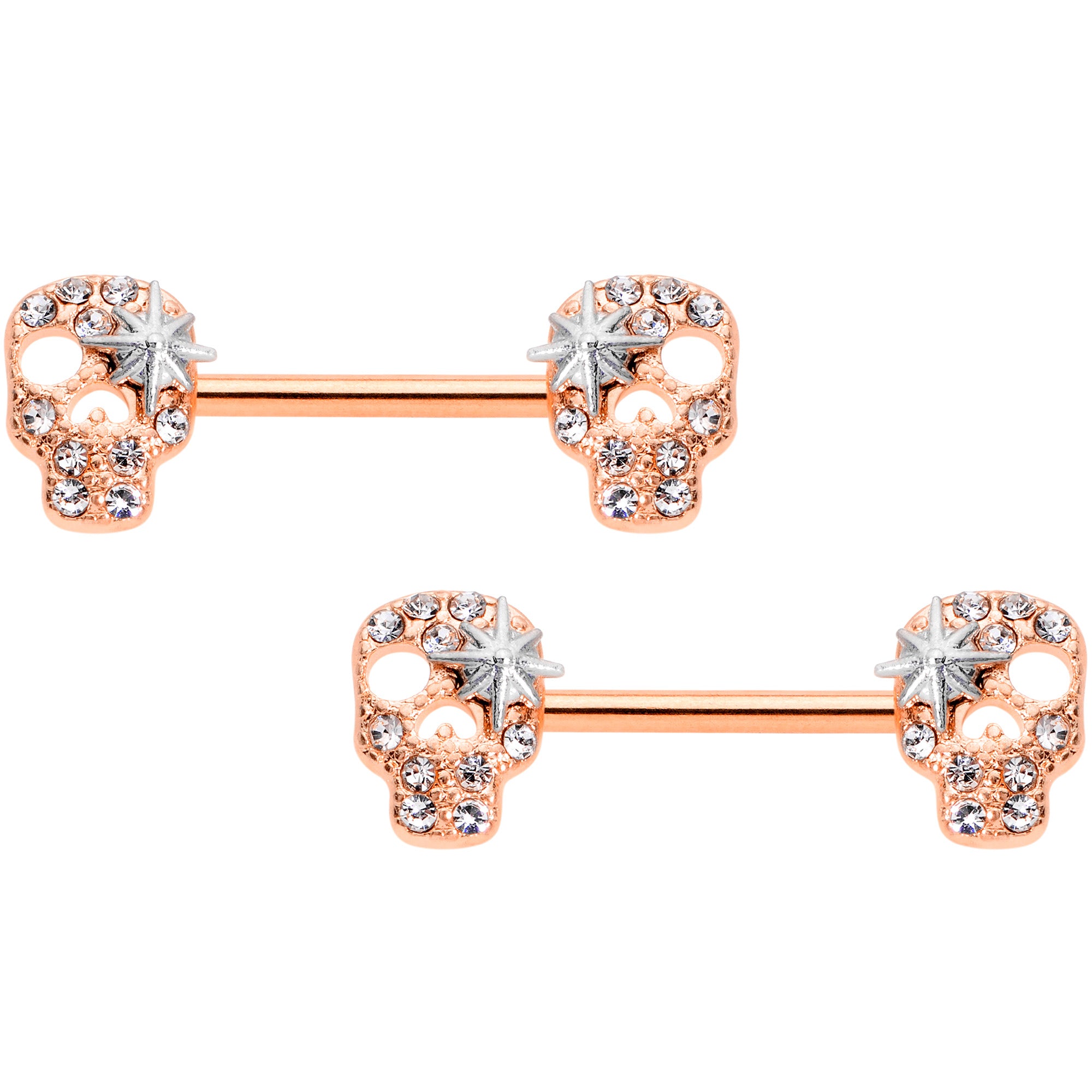 14G Clear Gem Rose Gold Tone Star Skull Barbell Nipple Ring Set
