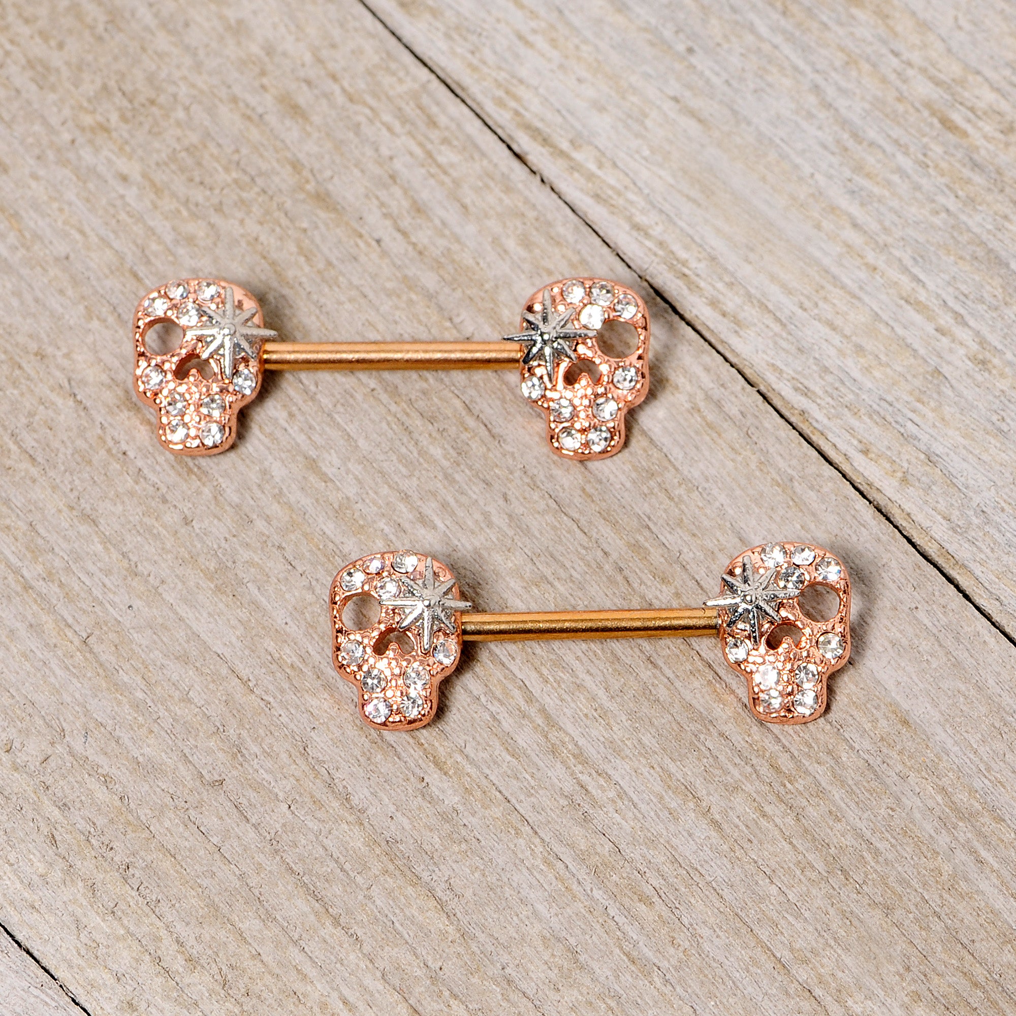 14G Clear Gem Rose Gold Tone Star Skull Barbell Nipple Ring Set