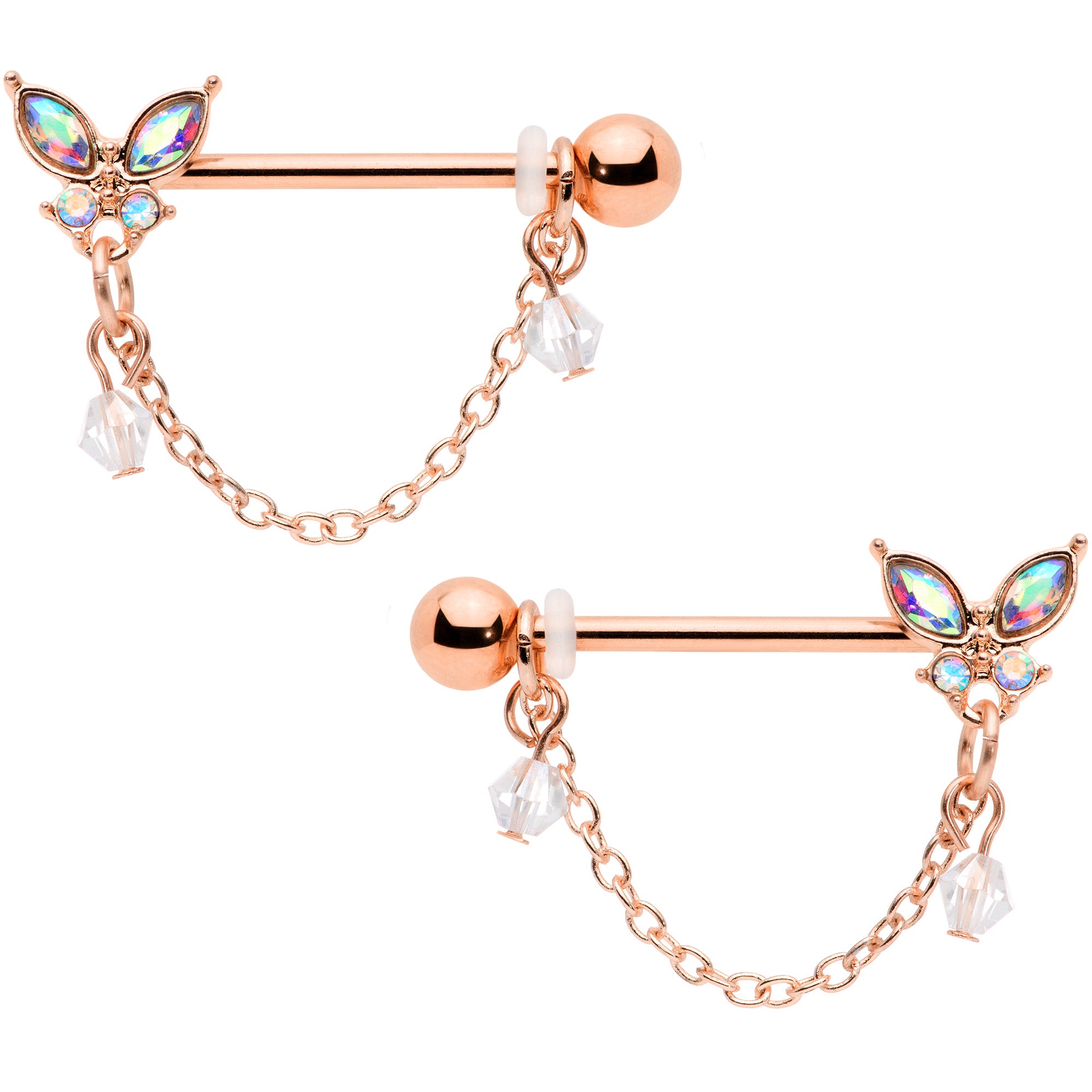 14G 5/8 Aurora Gem Rose Gold Tone Butterfly Dangle Nipple Ring Set
