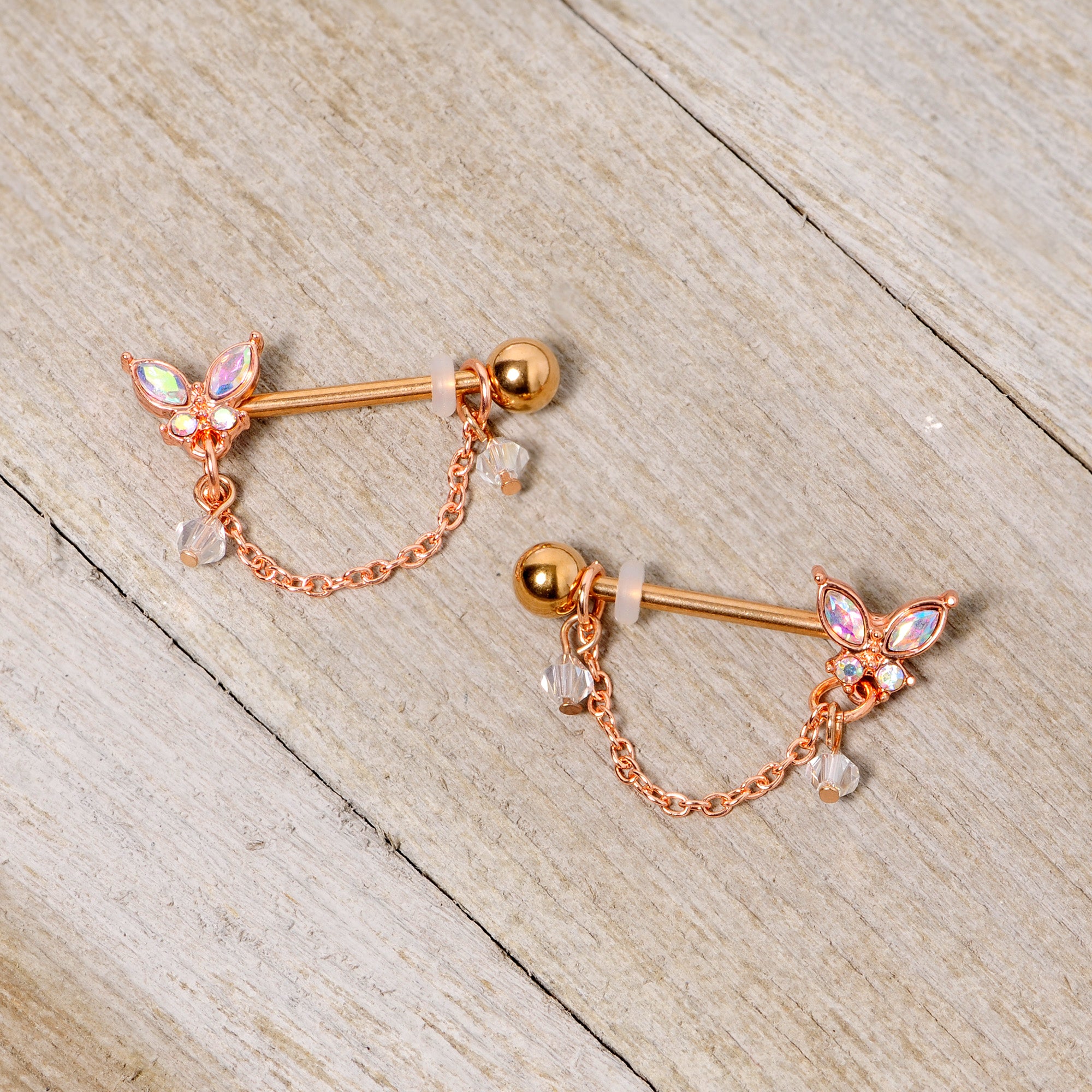 14G 5/8 Aurora Gem Rose Gold Tone Butterfly Dangle Nipple Ring Set