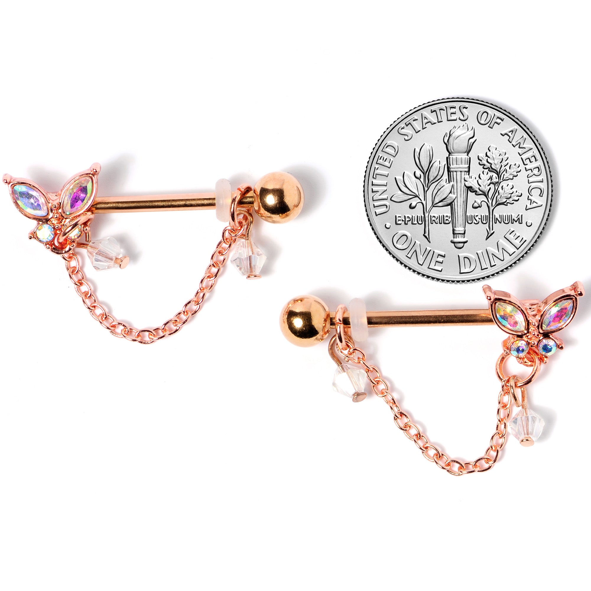 14G 5/8 Aurora Gem Rose Gold Tone Butterfly Dangle Nipple Ring Set