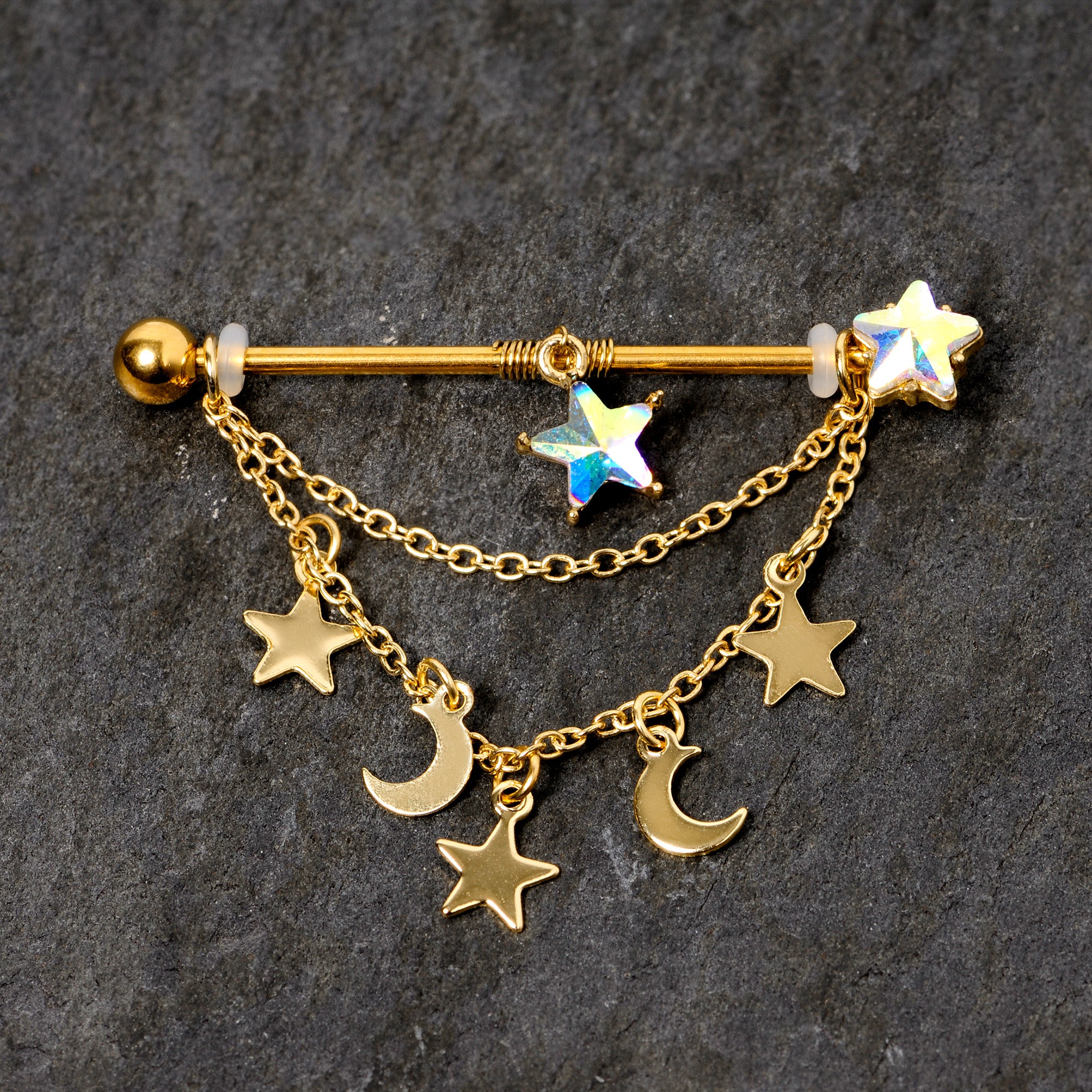 14G Aurora Gem Gold Tone Moon Star Dangle Industrial Barbell 38mm