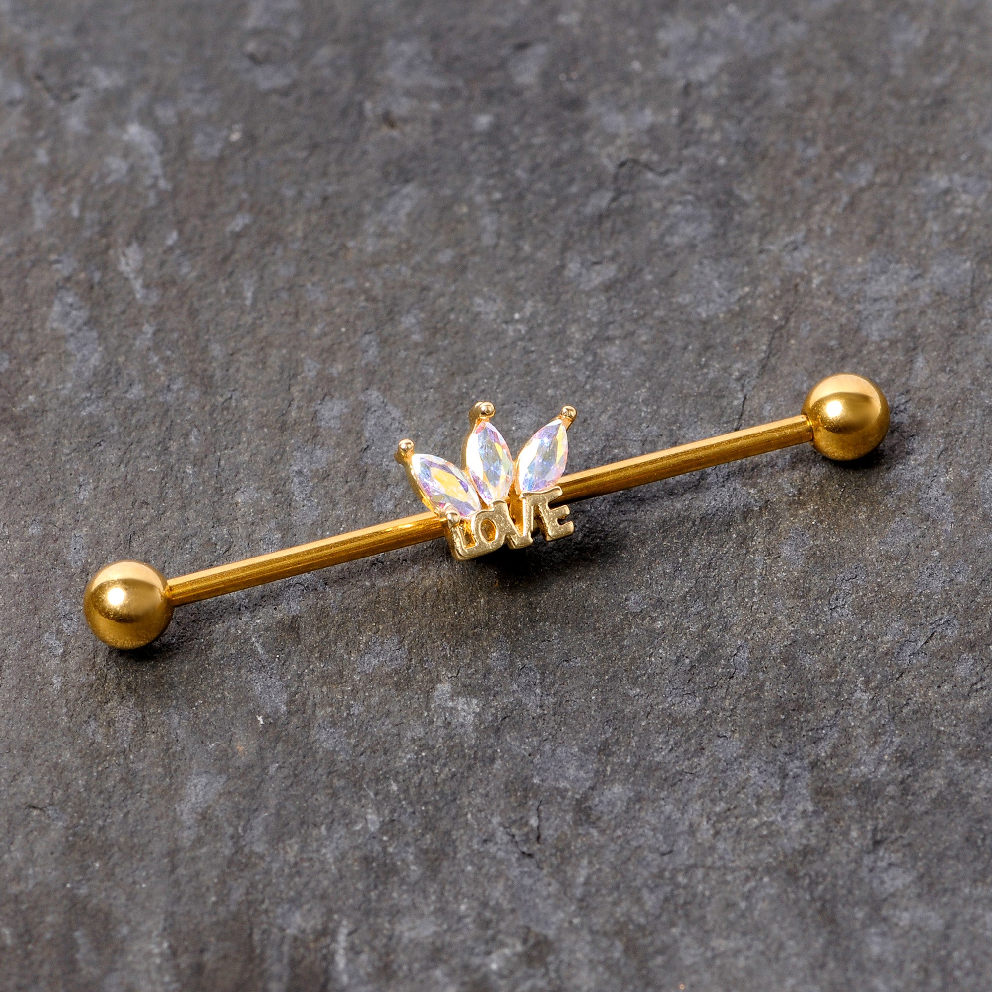 14G Aurora Gem Gold Tone Crown Love Industrial Barbell 38mm
